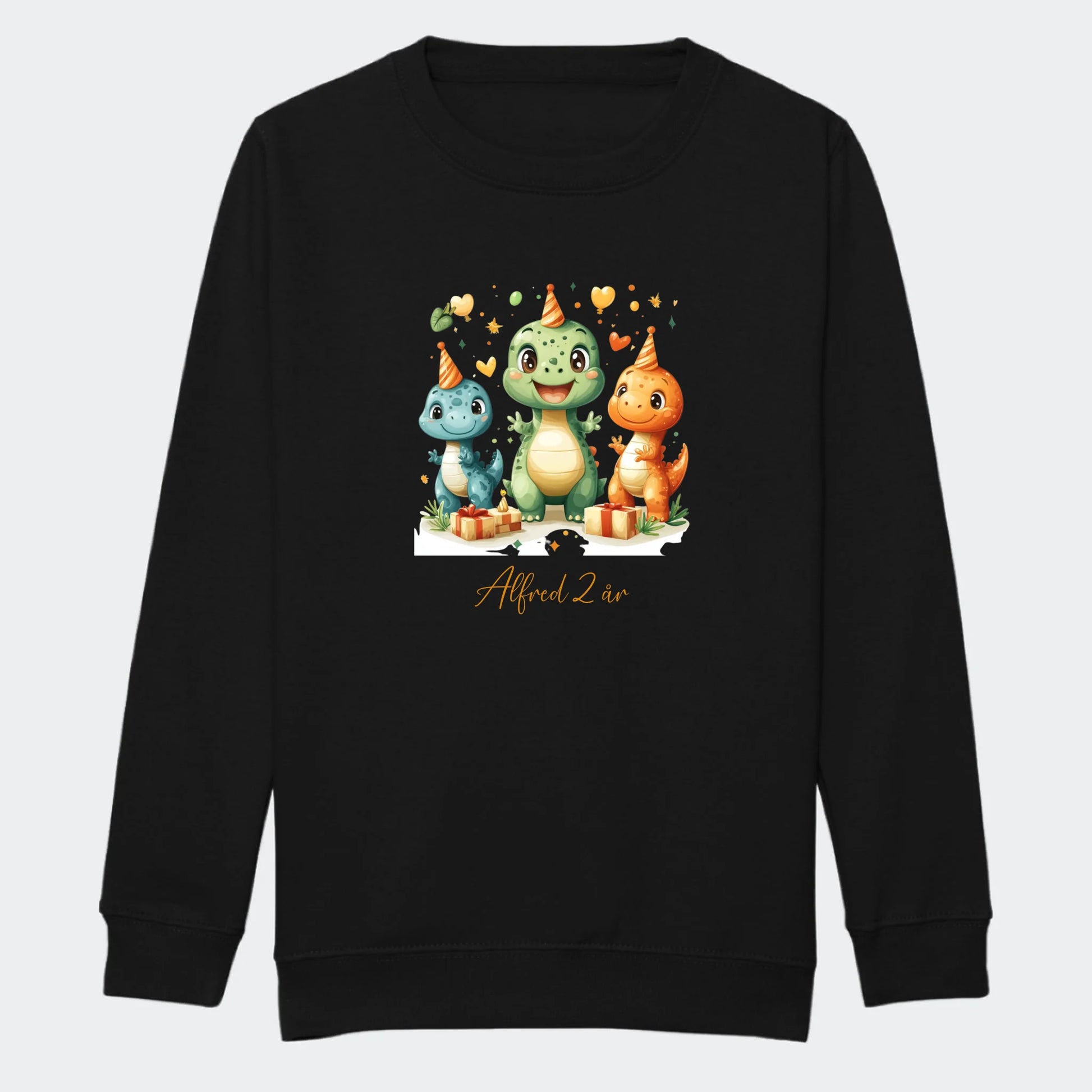 Sweatshirts til junior - Dino med fødselsdagshatte Customizer TeeInBlue Print på front Sort 3-4 år