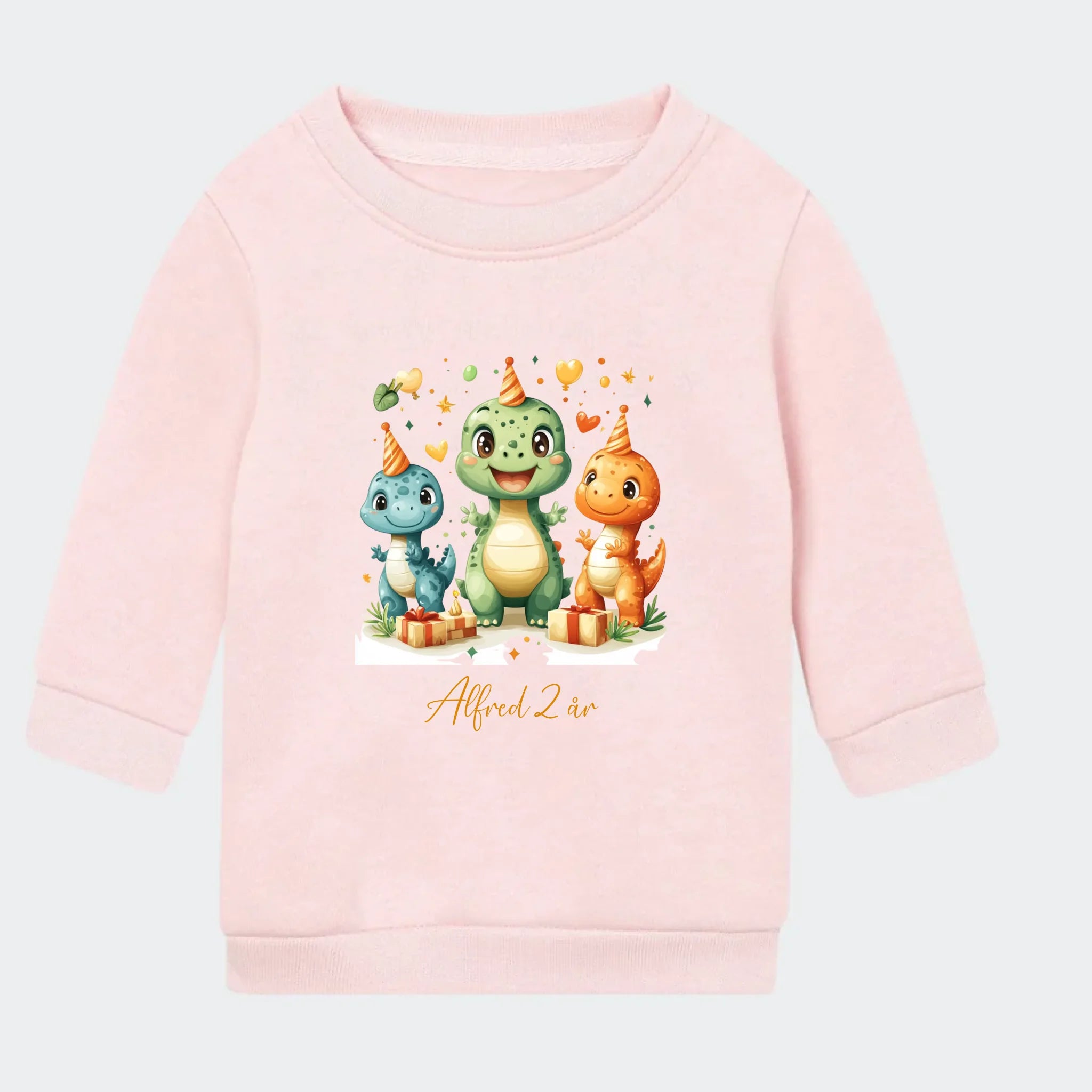 Sweatshirt til små børn – Dino med fødselsdagshatte, lyserød