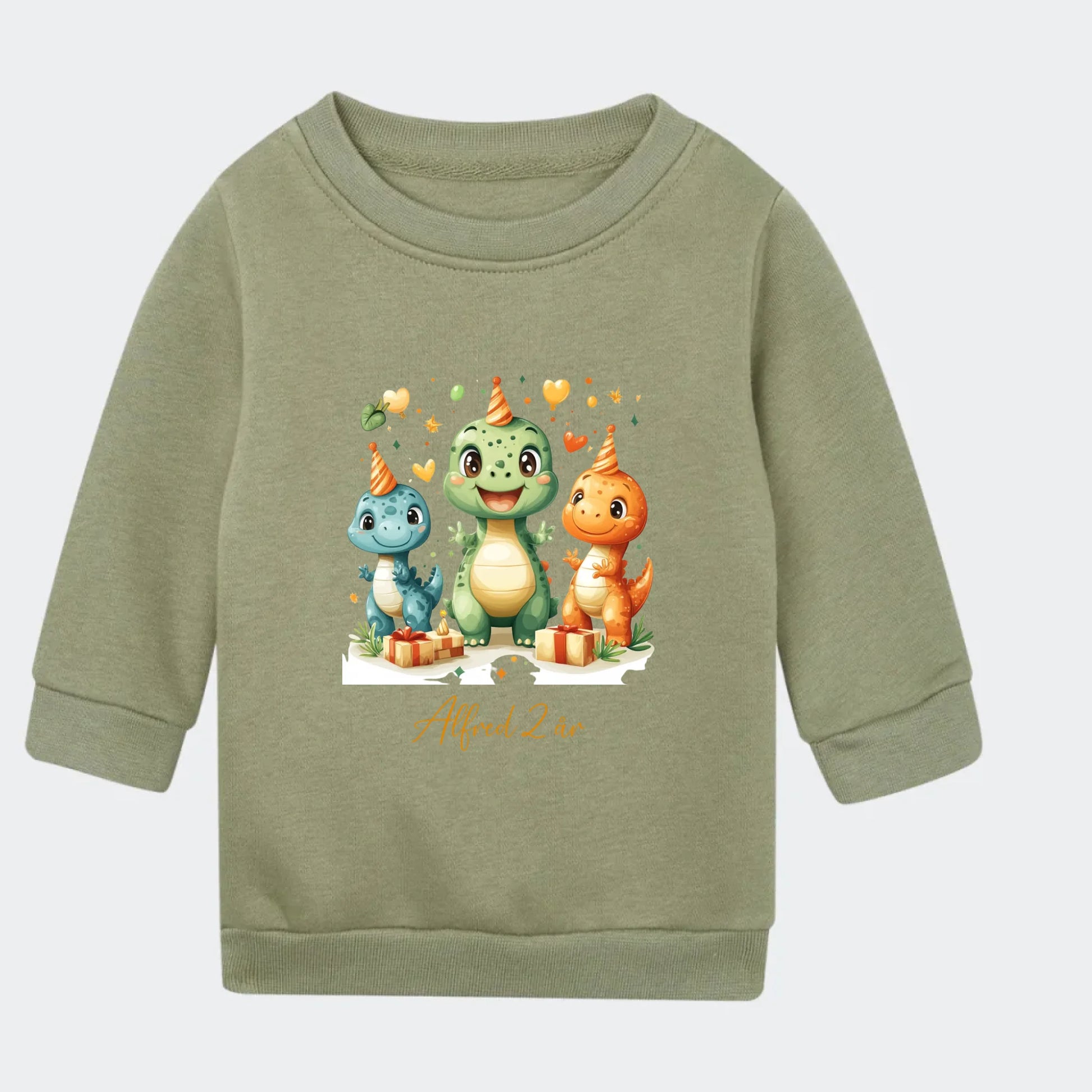 Sweatshirt til små børn - Dino med fødselsdagshatte Customizer TeeInBlue Sweatshirt til børn - flere farver Grøn 6-12M
