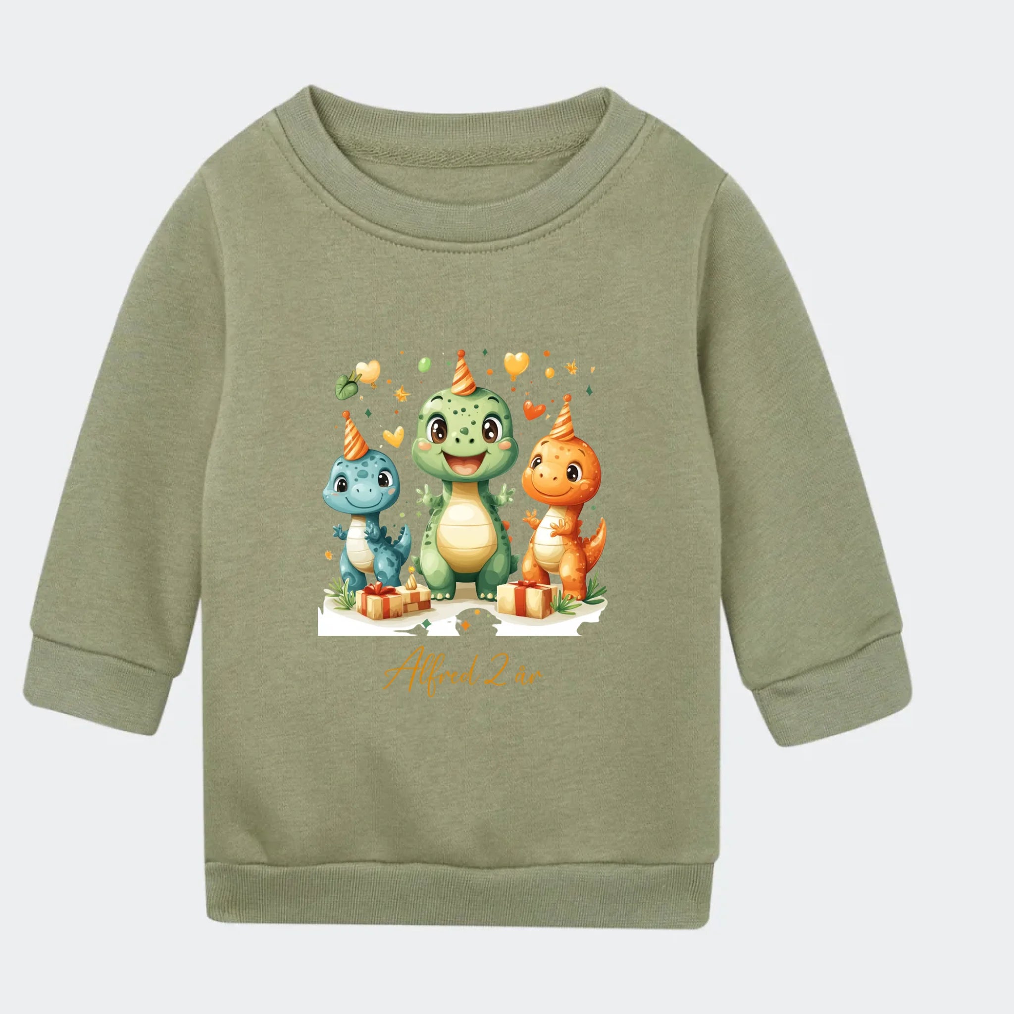 Sweatshirt til små børn – Dino med fødselsdagshatte, grøn