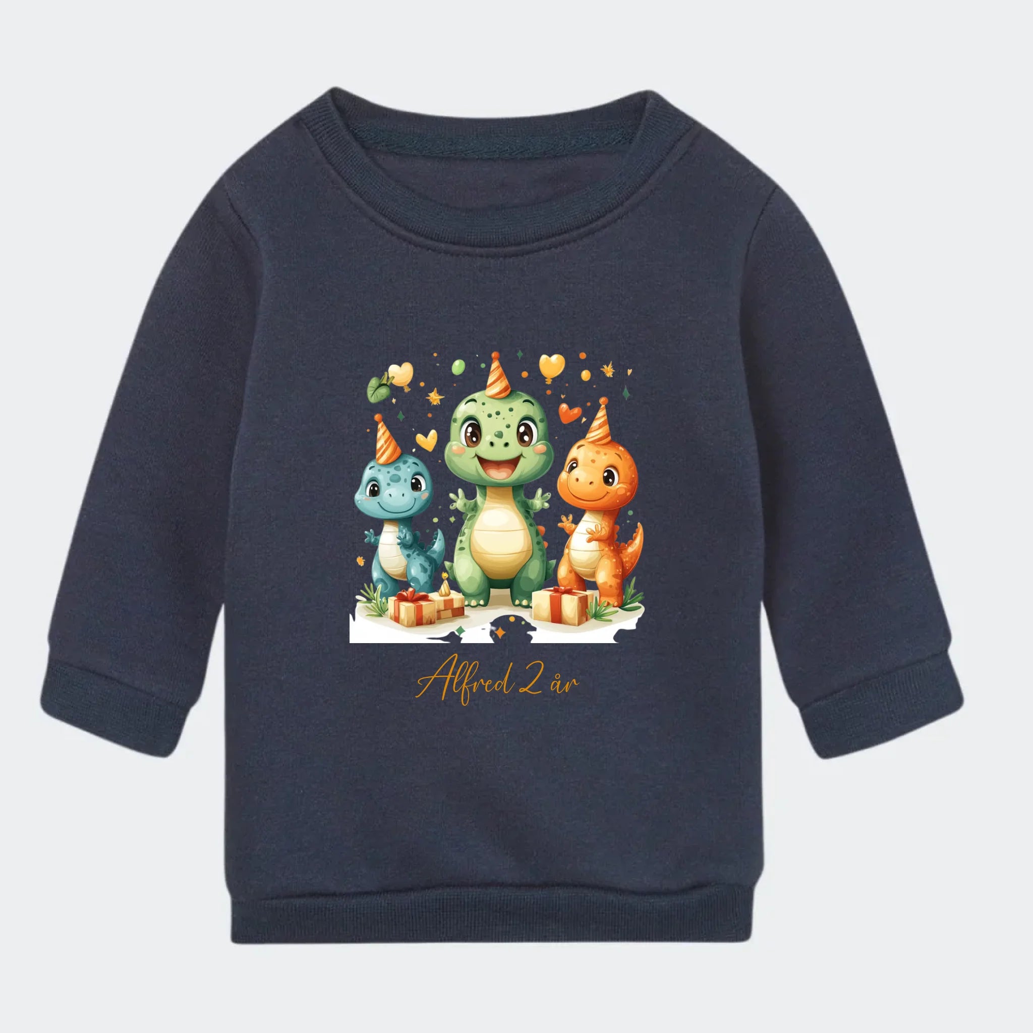 Sweatshirt til små børn – Dino med fødselsdagshatte, marineblå