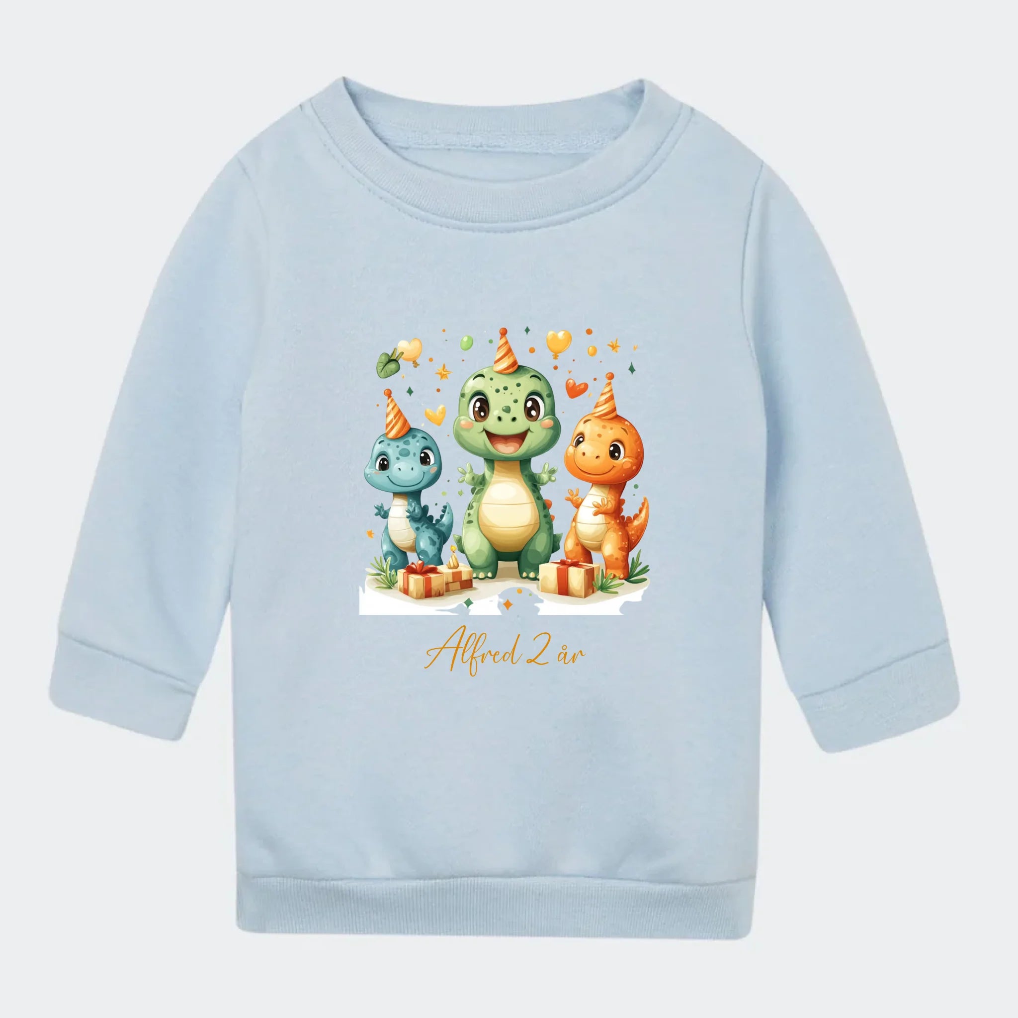 Sweatshirt til små børn – Dino med fødselsdagshatte, lyseblå