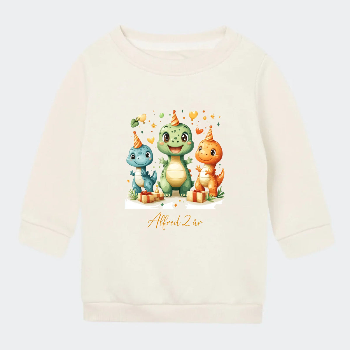 Sweatshirt til små børn – Dino med fødselsdagshatte, natur
