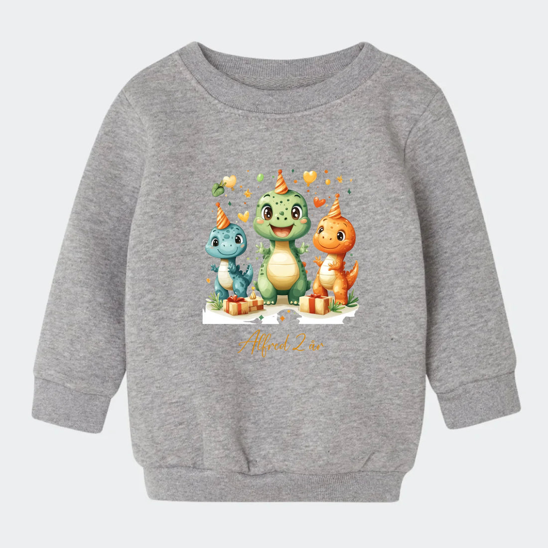 Sweatshirt til små børn - Dino med fødselsdagshatte Customizer TeeInBlue Sweatshirt til børn - flere farver Grå 6-12M