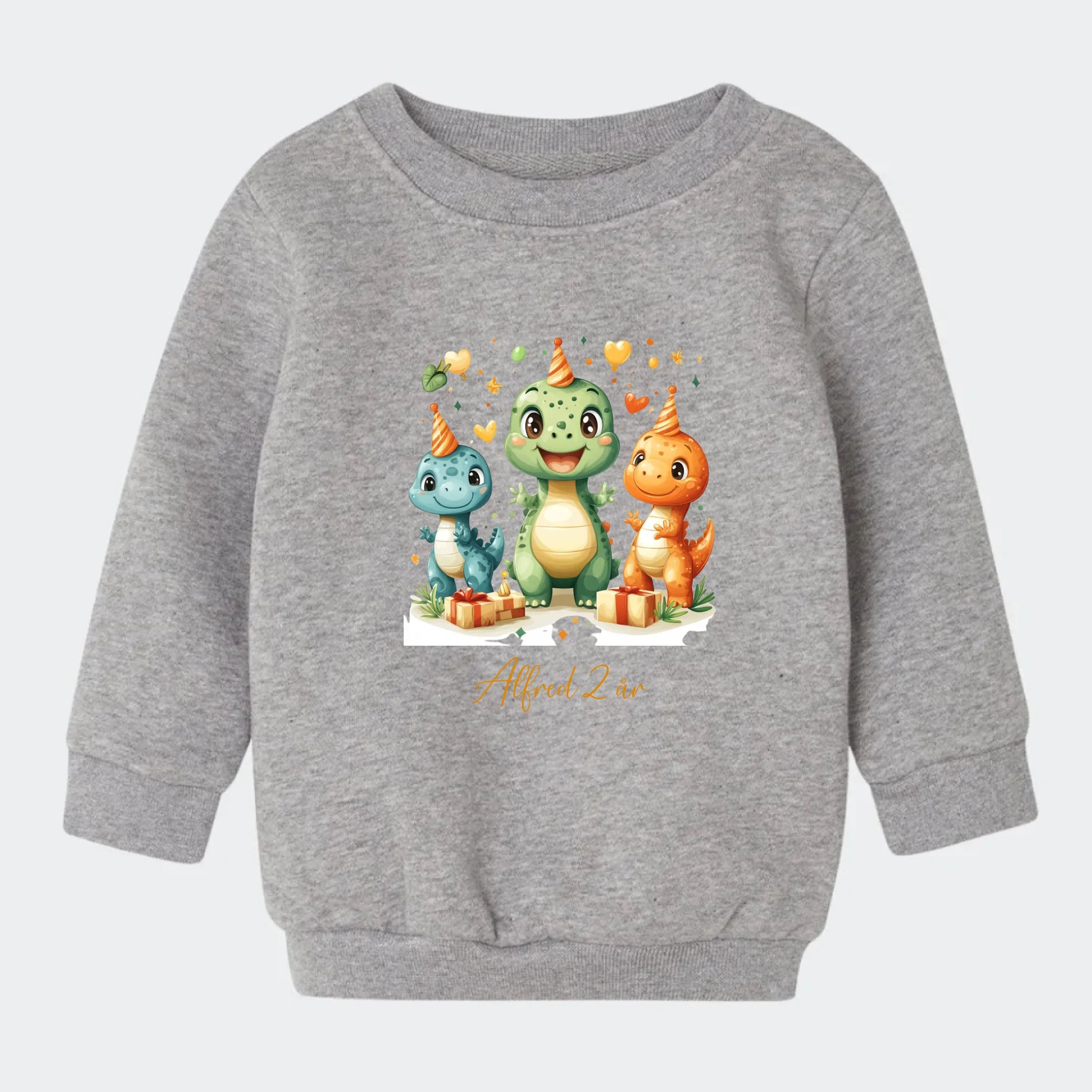 Sweatshirt til små børn – Dino med fødselsdagshatte, grå