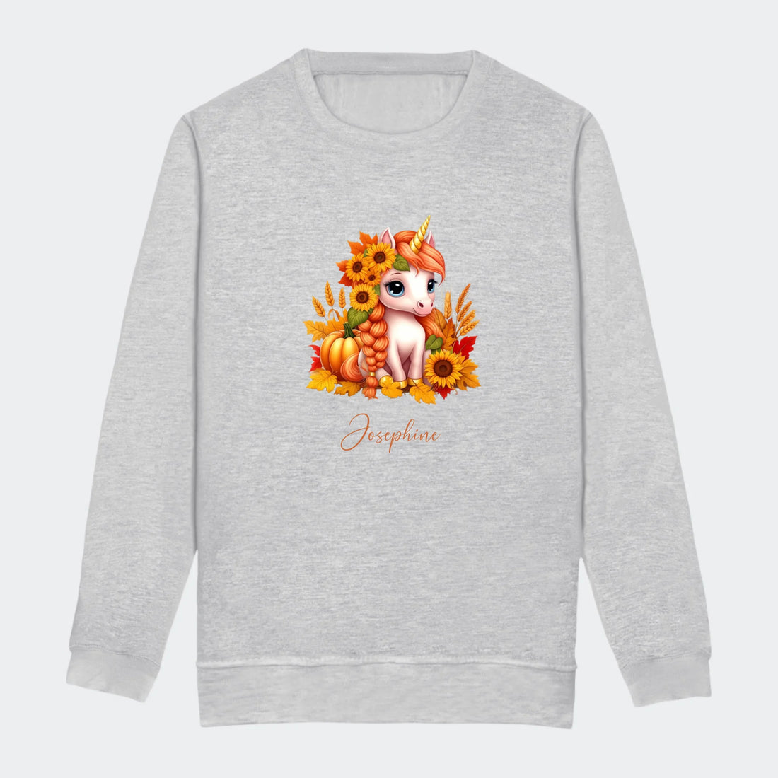 Sweatshirt til junior - Græskar, Solsikke, Efterår Enhjørning Customizer TeeInBlue Print på front Heather Grey 3-4 år