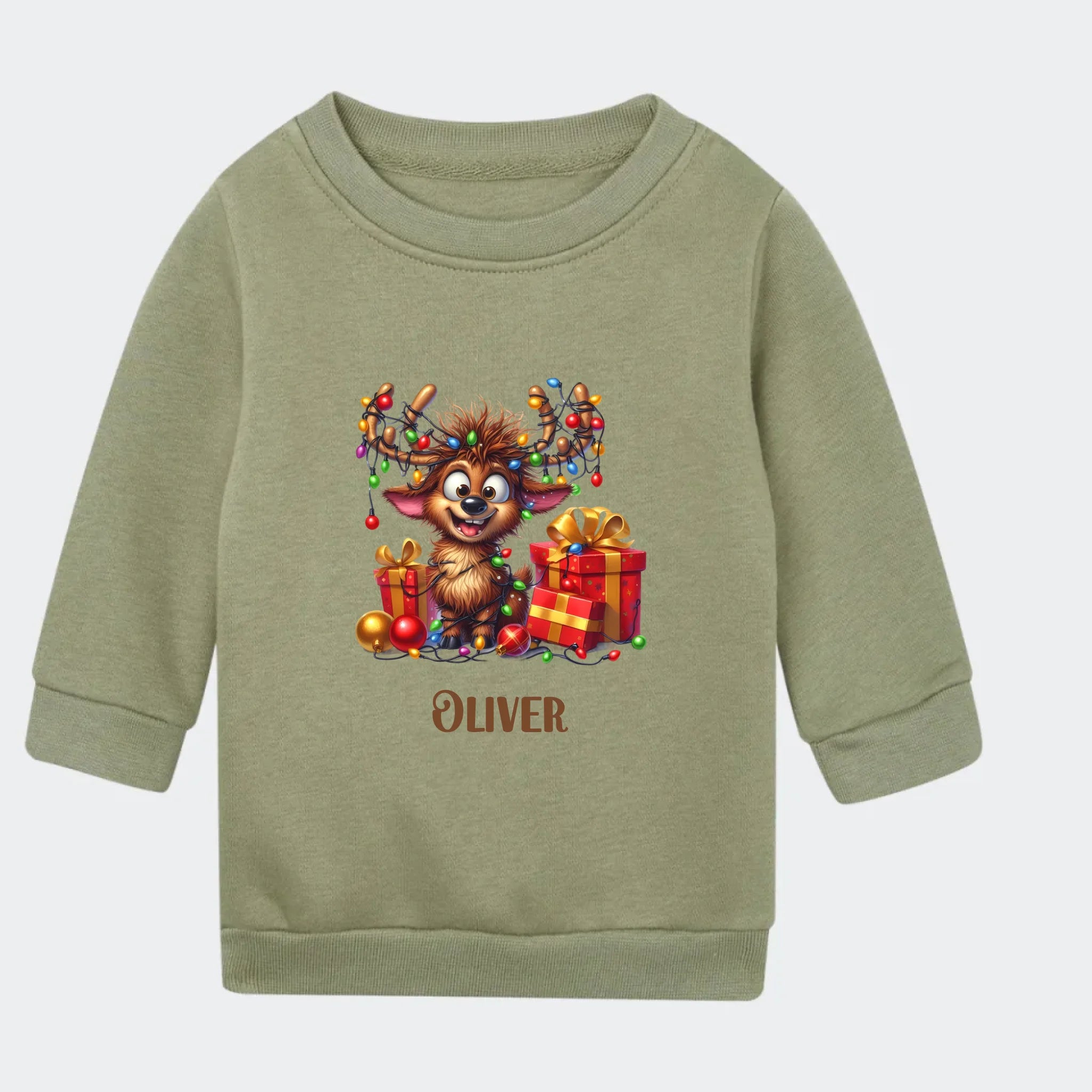 Sweatshirt til små børn – Dyr med julelyskæder, grøn
