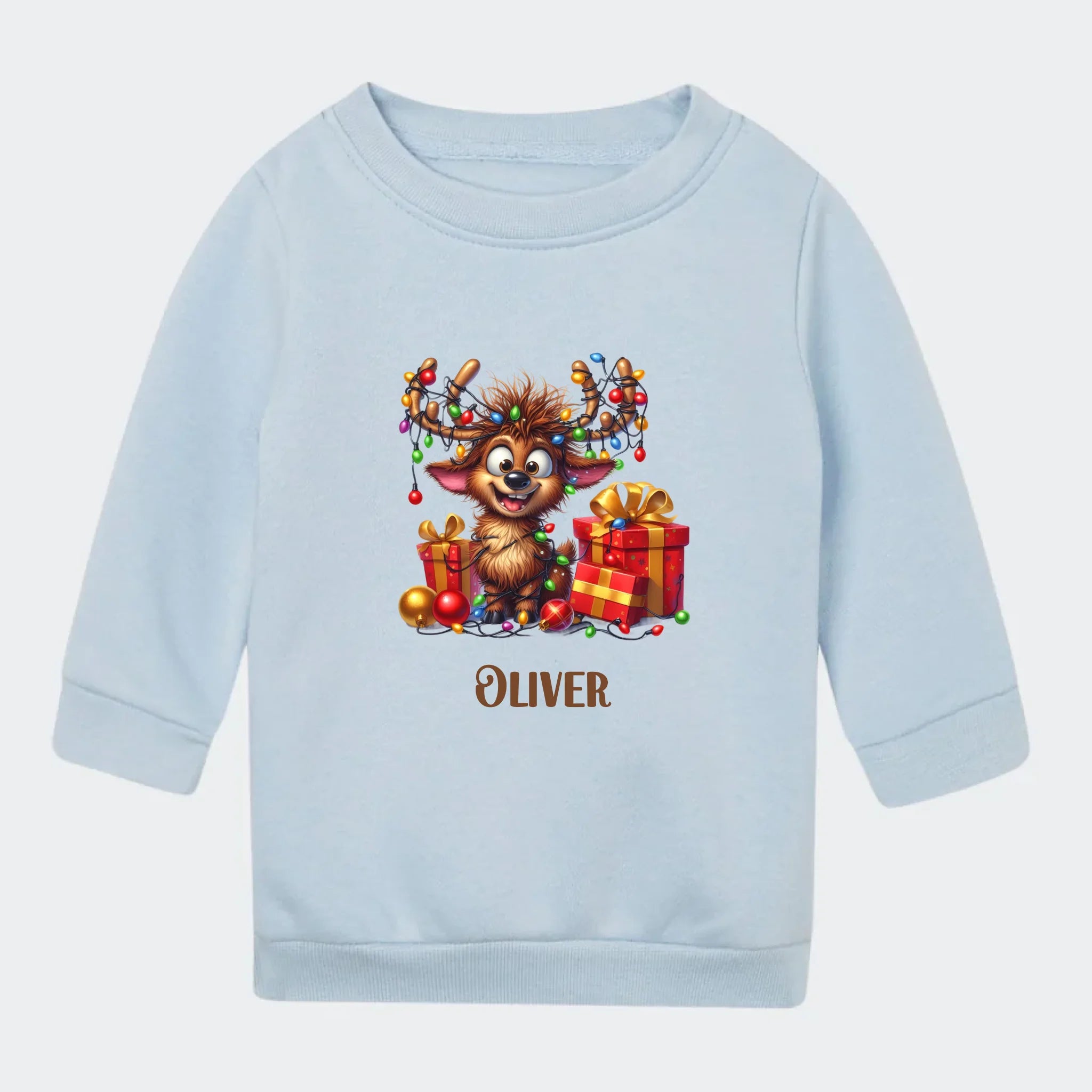 Sweatshirt til små børn – Dyr med julelyskæder, lyseblå