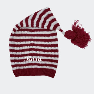 Nissehue med navn One size - Kort strikket med striber Customizer TeeInBlue Nissehue med navn One size - Kort strikket med striber Rød og hvid 3456