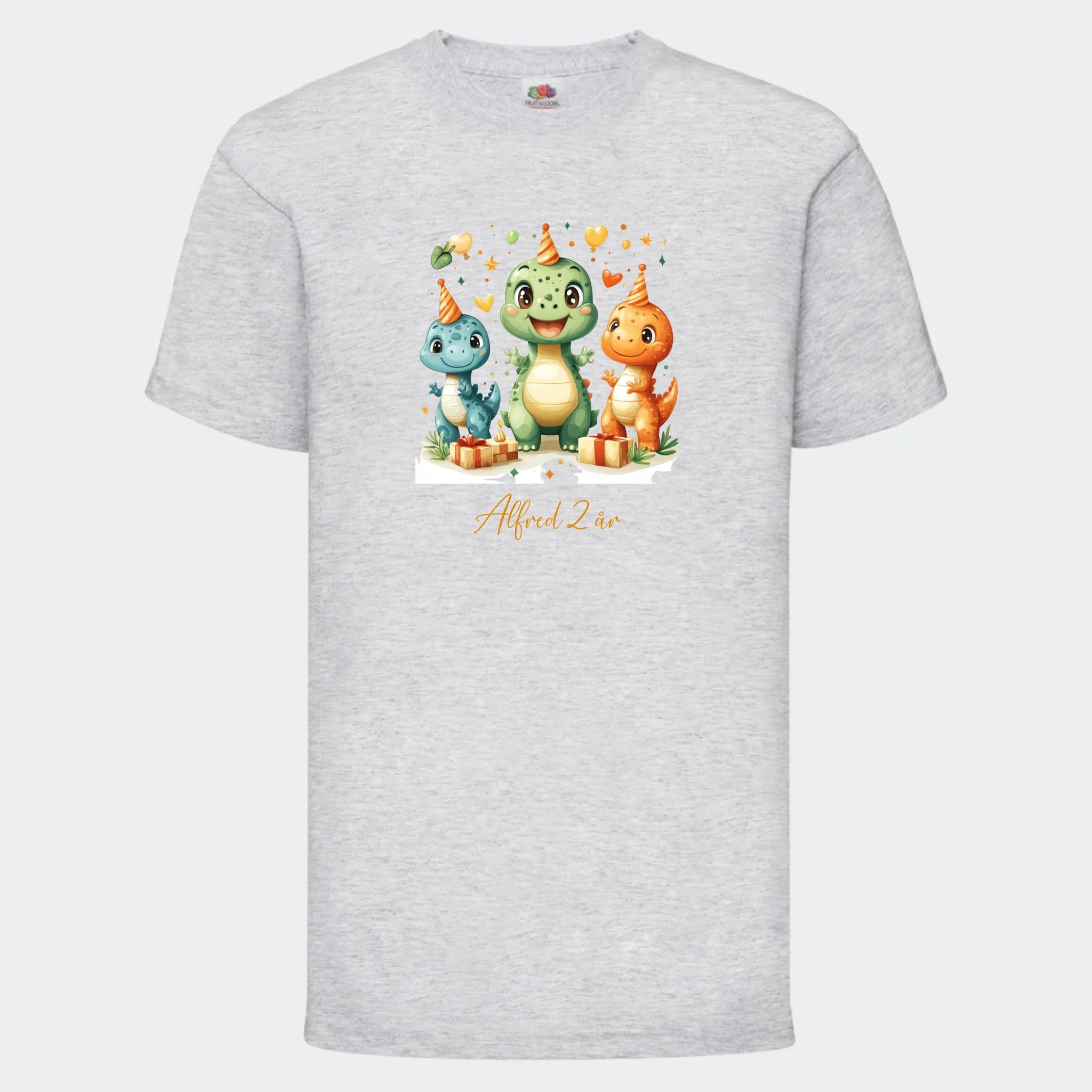 T-shirt til børn – Dino med fødselsdagshatte, T-shirt tryk foran Lysegrå 3-4 år