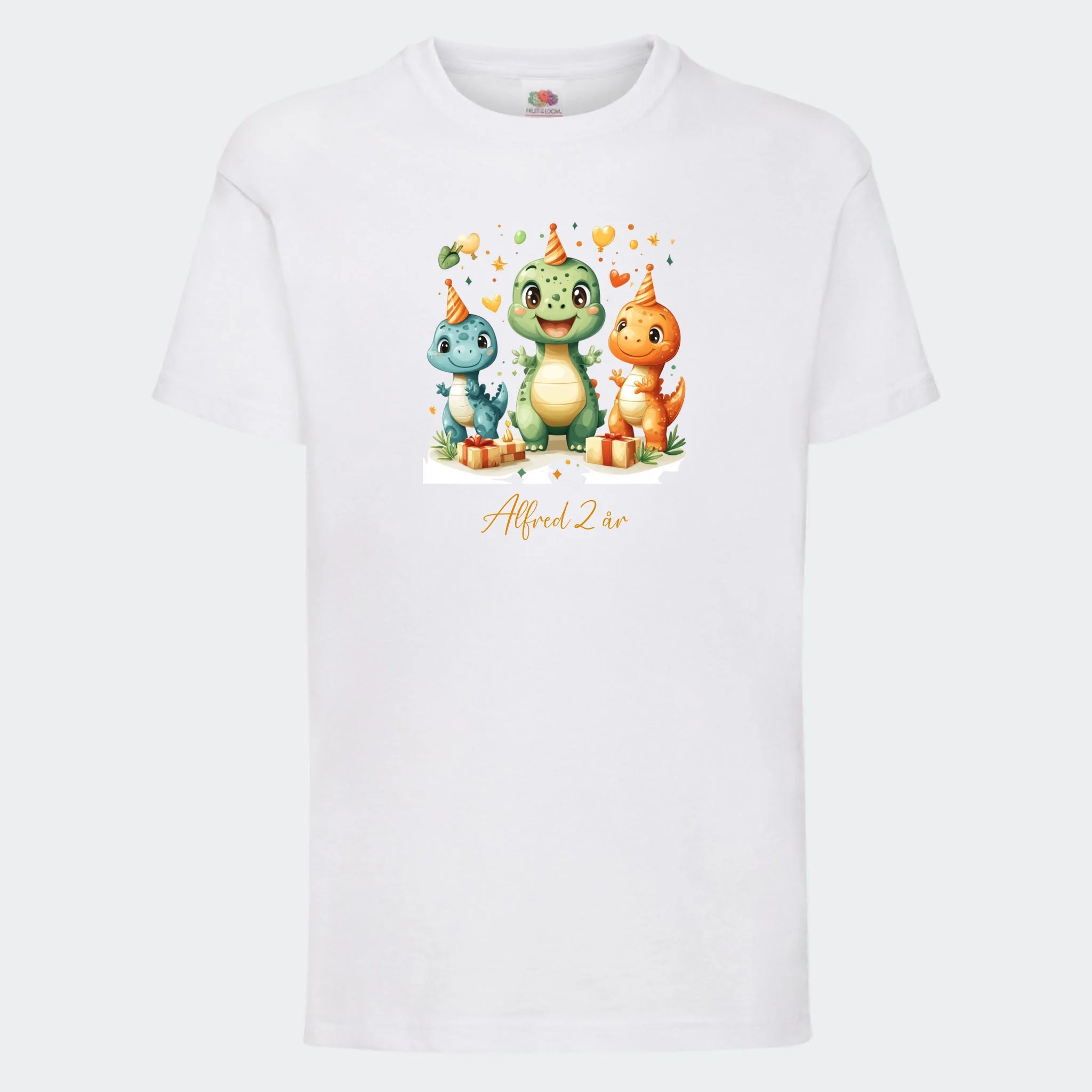 T-shirt til børn – Dino med fødselsdagshatte, T-shirt tryk foran Hvid 3-4 år