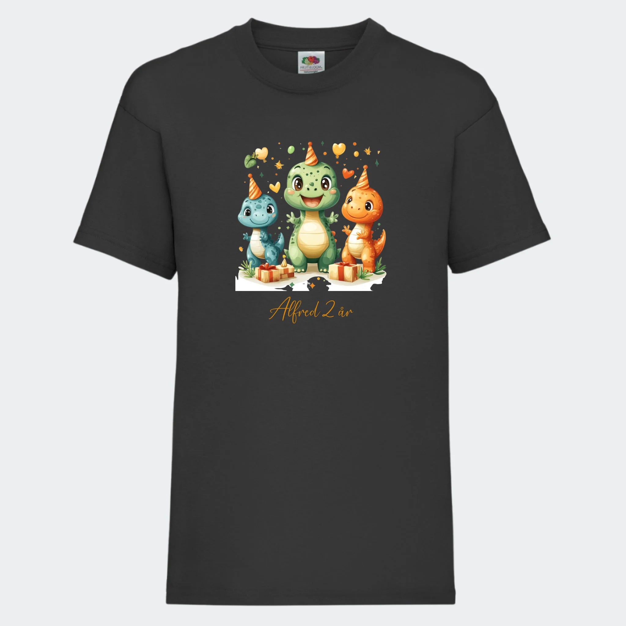 T-shirt til børn – Dino med fødselsdagshatte, T-shirt tryk foran Sort 3-4 år