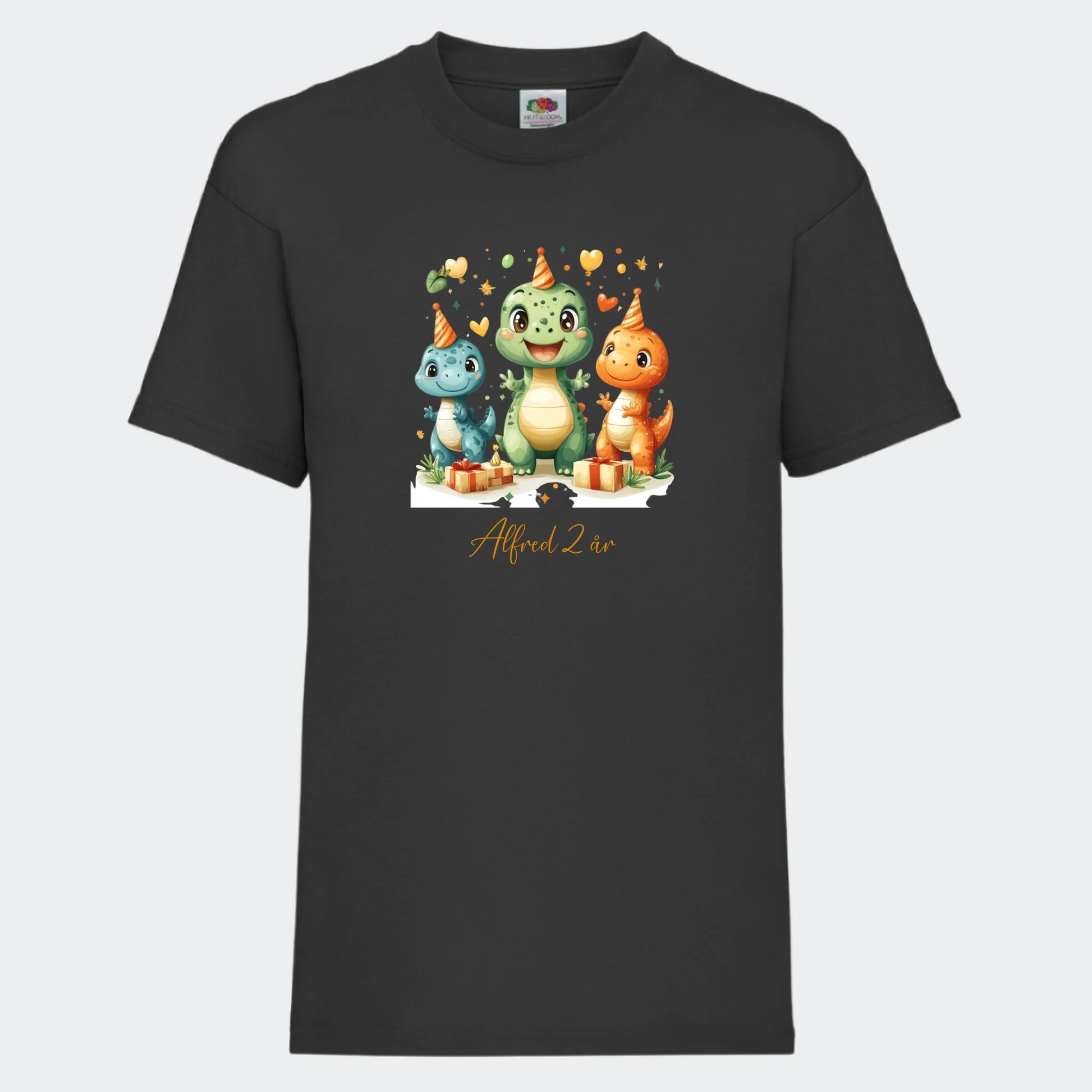 T-shirt til børn - Dino med fødselsdagshatte Customizer TeeInBlue T-shirt Print på front Sort 3-4 år