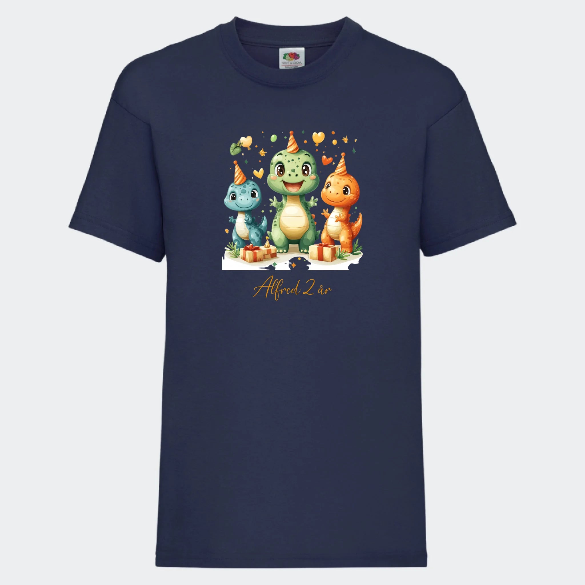 T-shirt til børn – Dino med fødselsdagshatte, T-shirt tryk foran marineblå 3-4 år