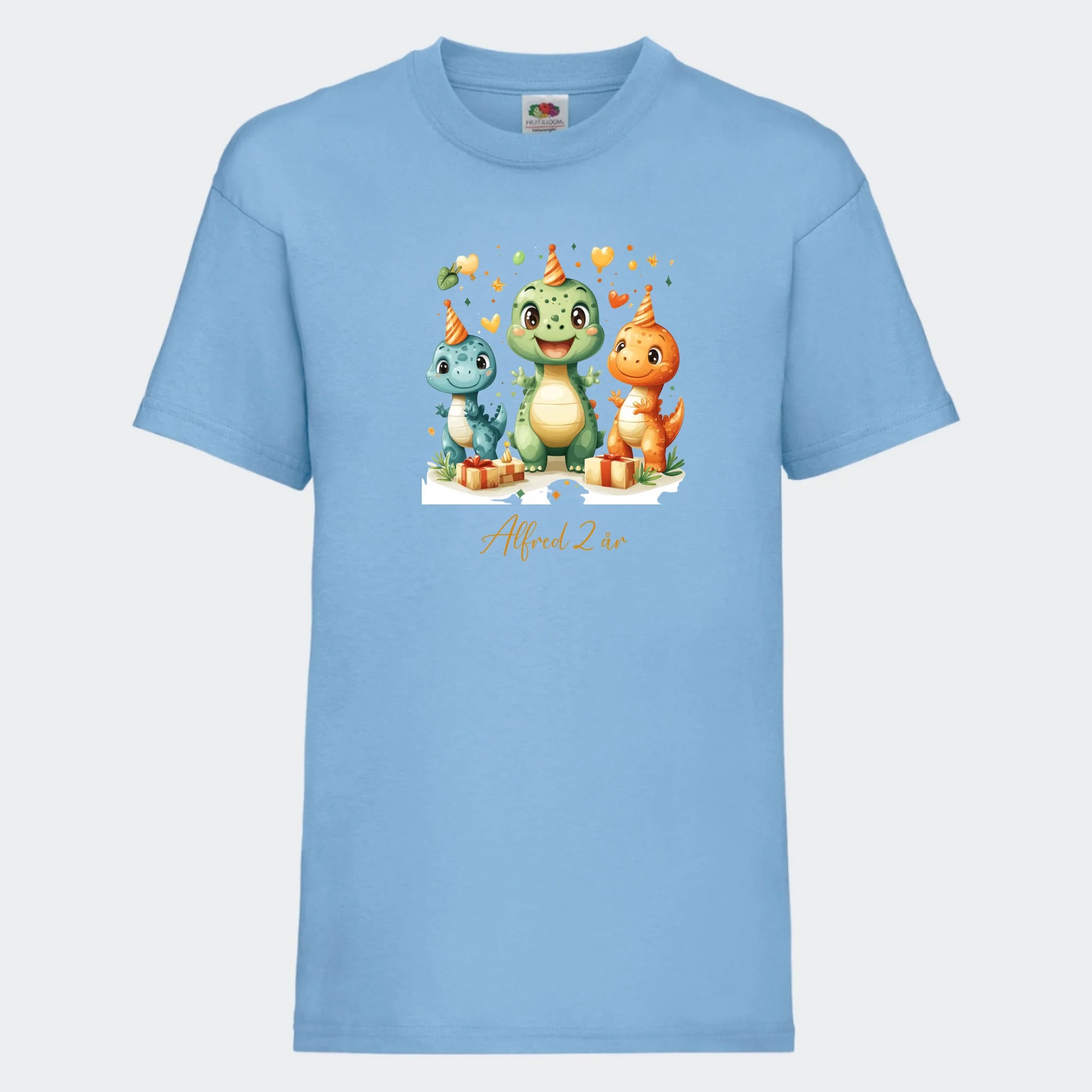 T-shirt til børn – Dino med fødselsdagshatte, T-shirt tryk foran Lyseblå 3-4 år