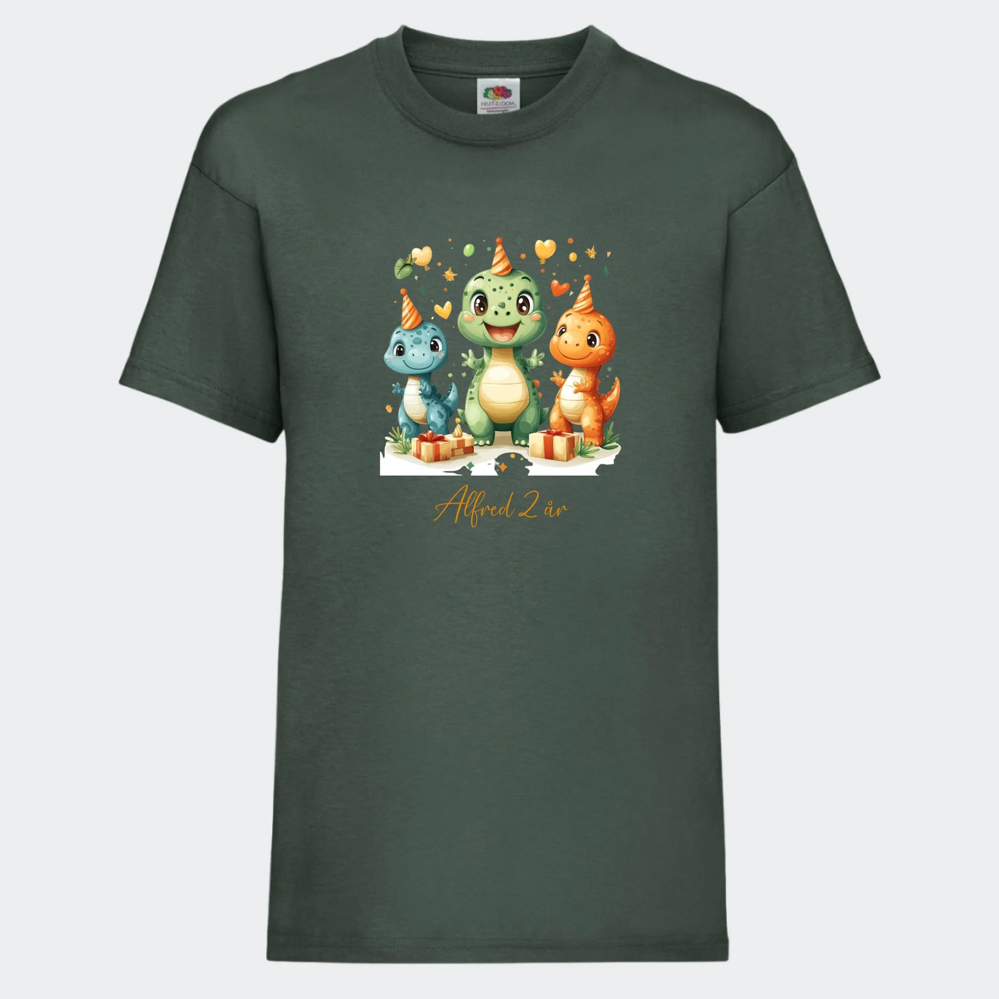 T-shirt til børn - Dino med fødselsdagshatte Customizer TeeInBlue T-shirt Print på front Mørkegrøn 3-4 år