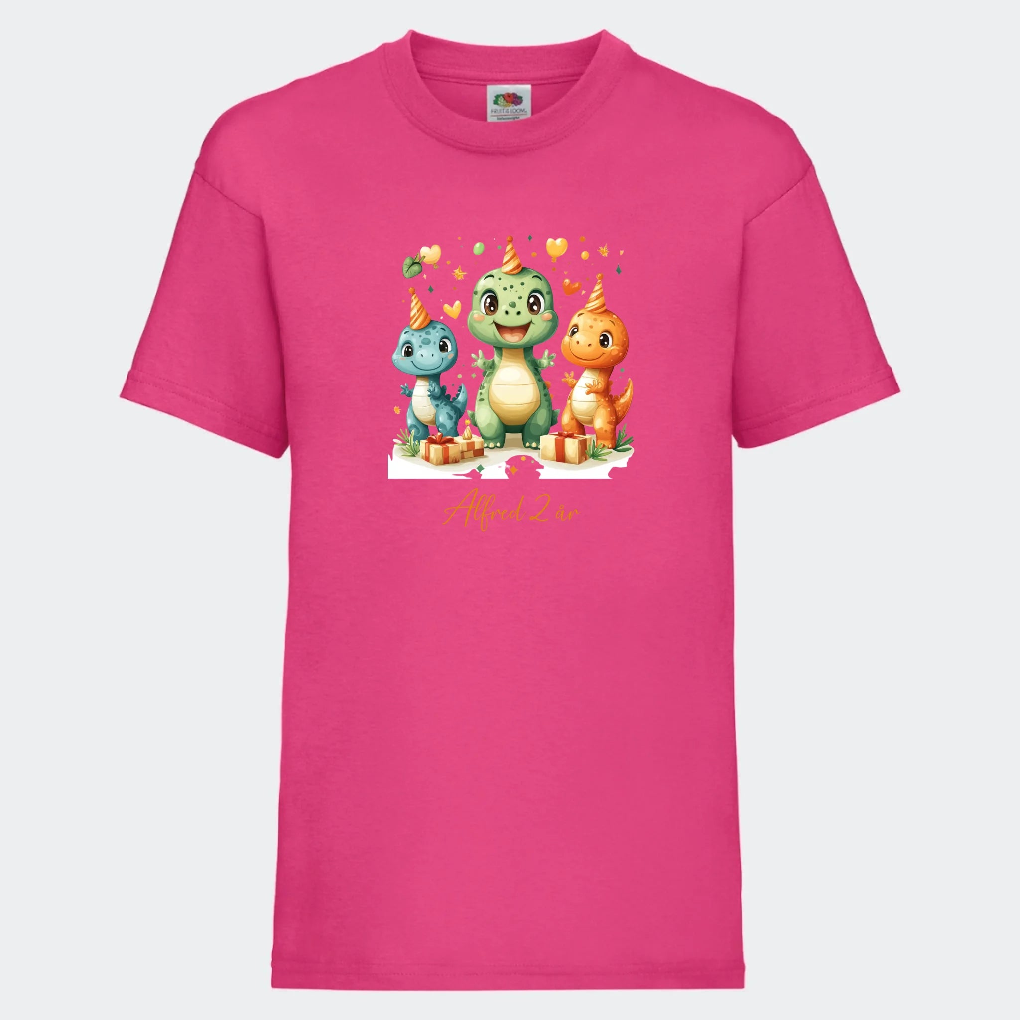 T-shirt til børn – Dino med fødselsdagshatte, T-shirt tryk foran Fuchsia 3-4 år