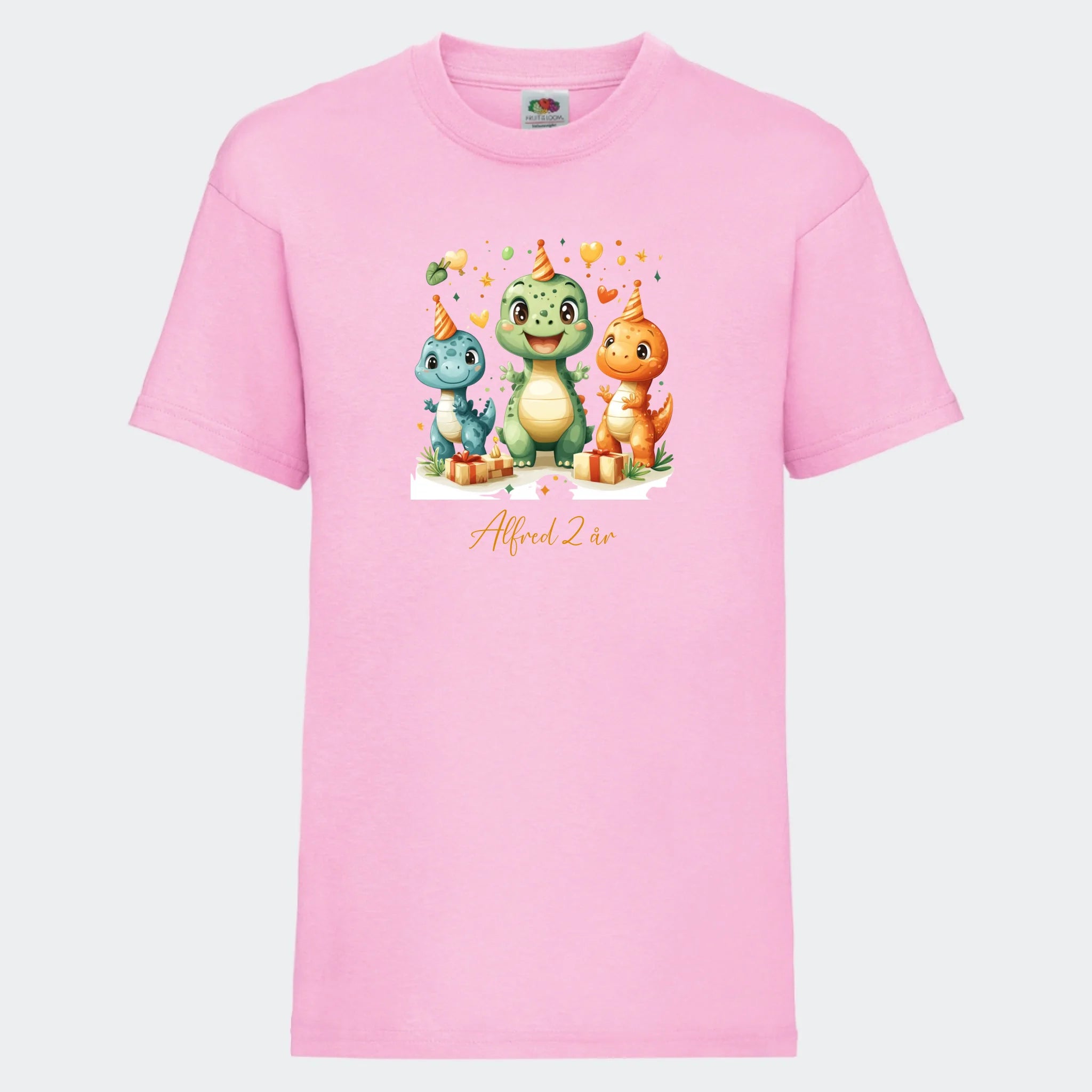 T-shirt til børn – Dino med fødselsdagshatte, T-shirt tryk foran Lyserød 3-4 år