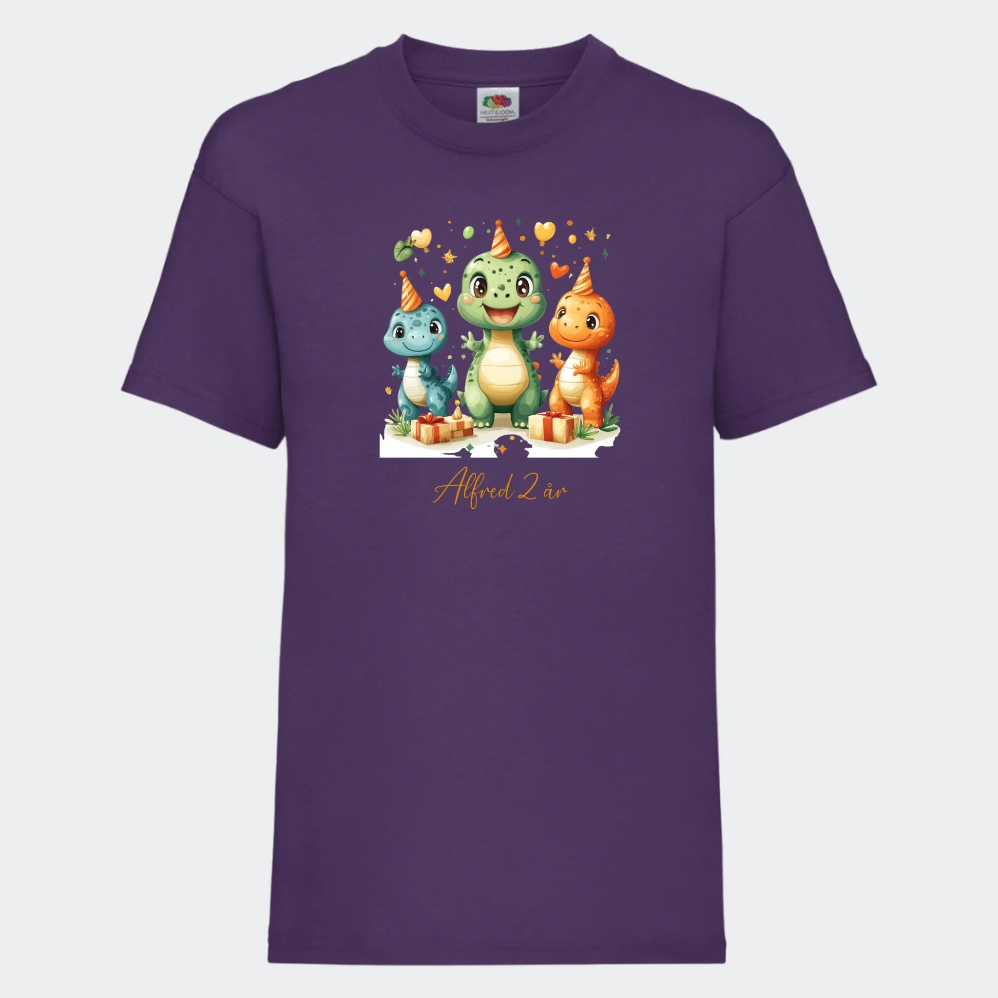 T-shirt til børn – Dino med fødselsdagshatte, T-shirt tryk foran Lilla 3-4 år