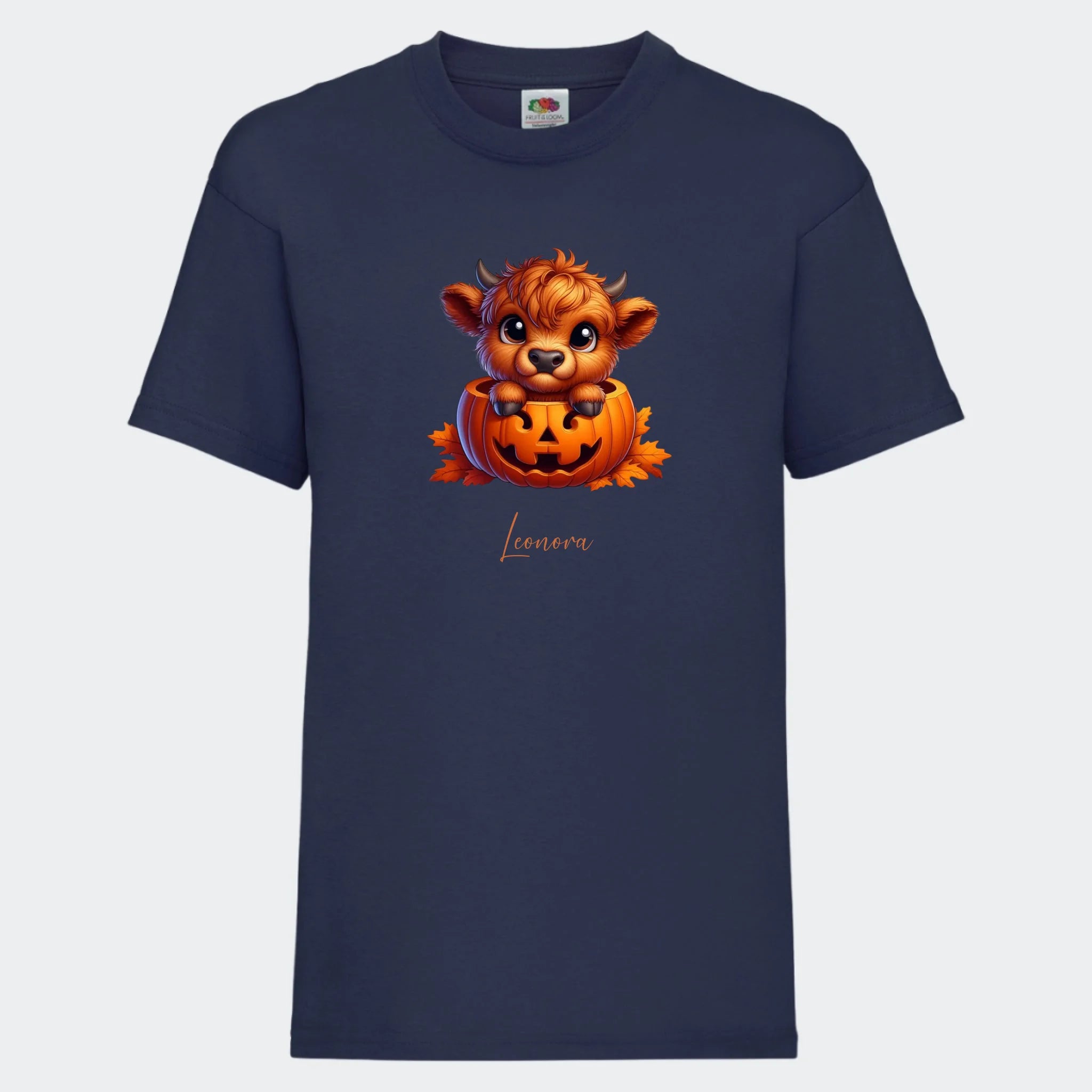 T-shirt til børn – Sød efterårs bøffel Halloween, T-shirt tryk foran marineblå 3-4 år