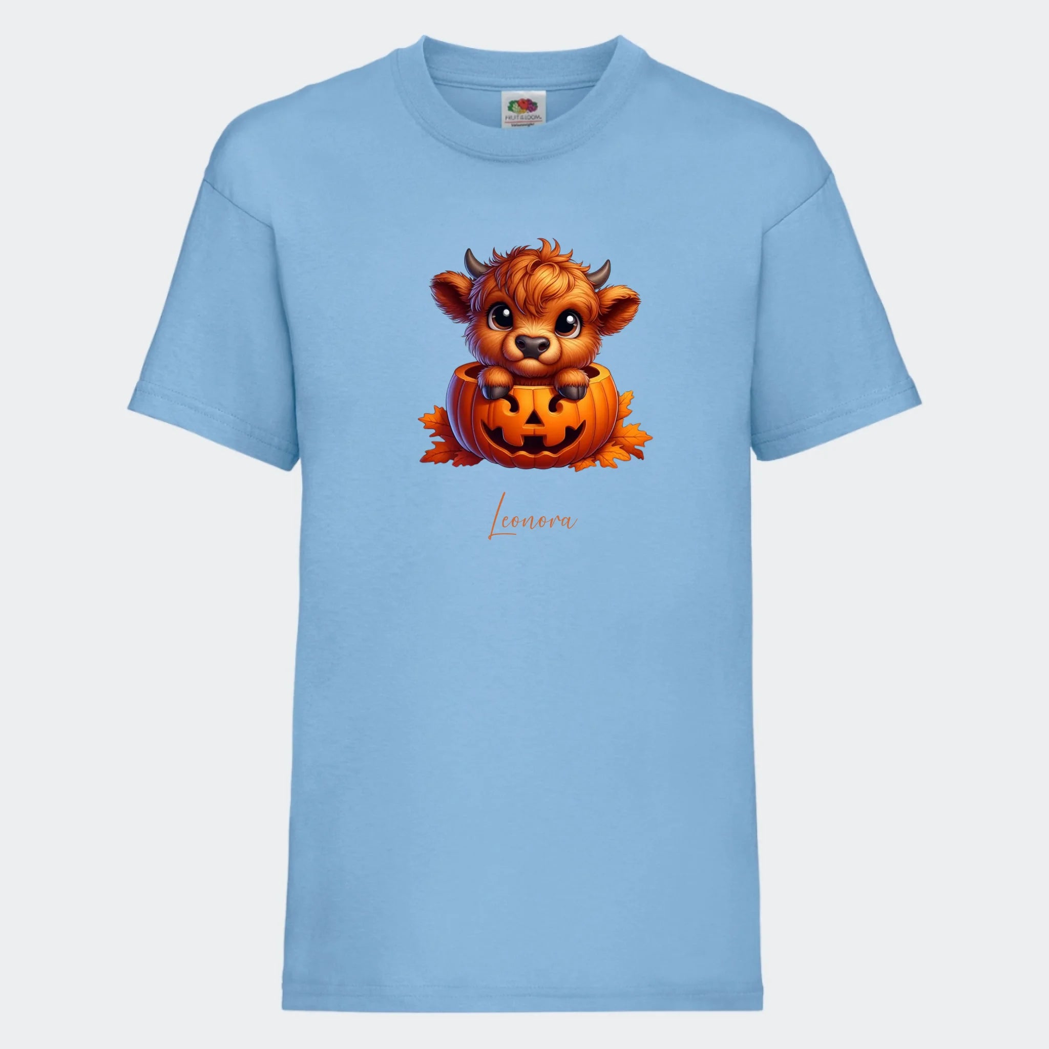 T-shirt til børn – Sød efterårs bøffel Halloween, T-shirt tryk foran Lyseblå 3-4 år