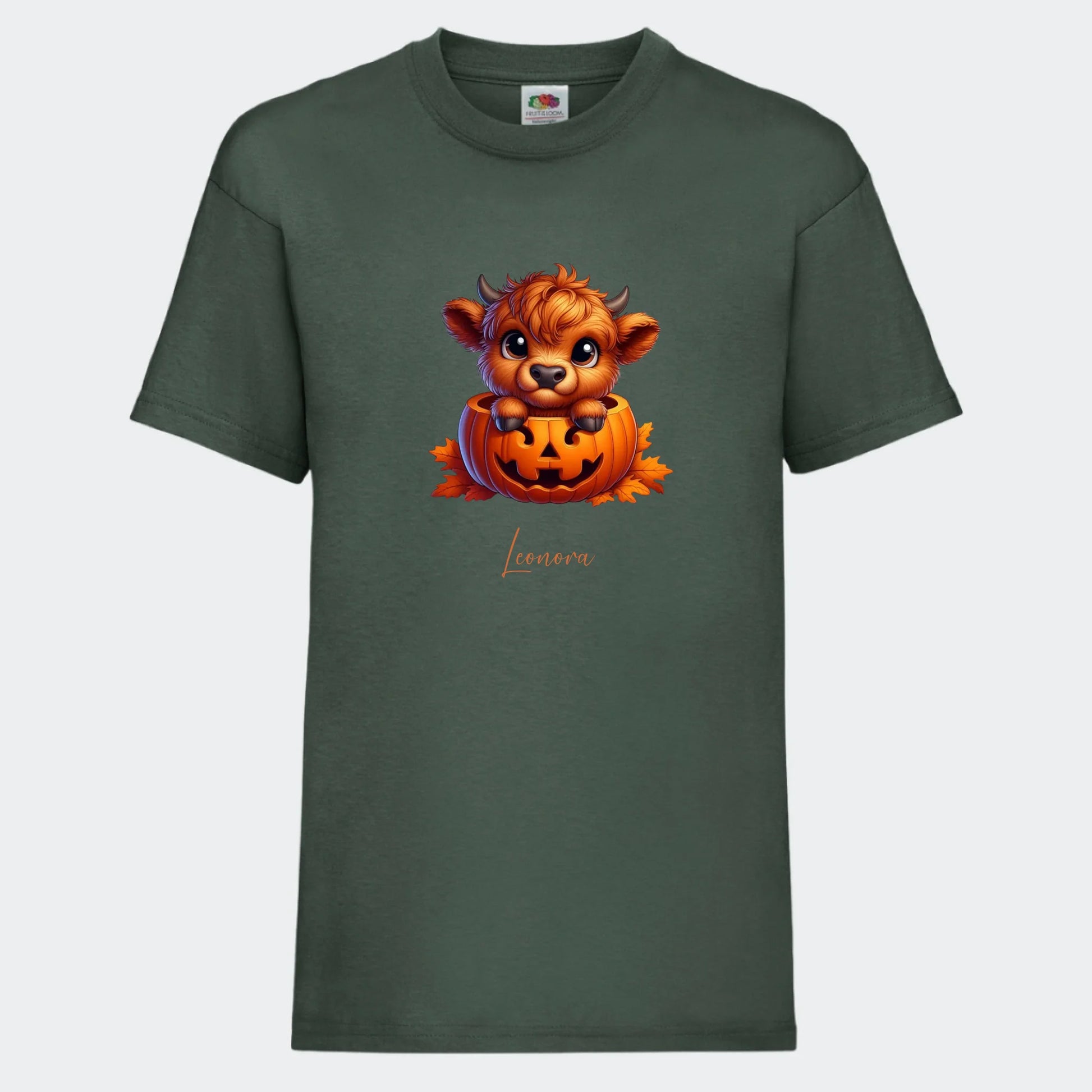 T-shirt til børn - Sød efterårs bøffel Halloween Customizer TeeInBlue T-shirt Print på front Mørkegrøn 3-4 år