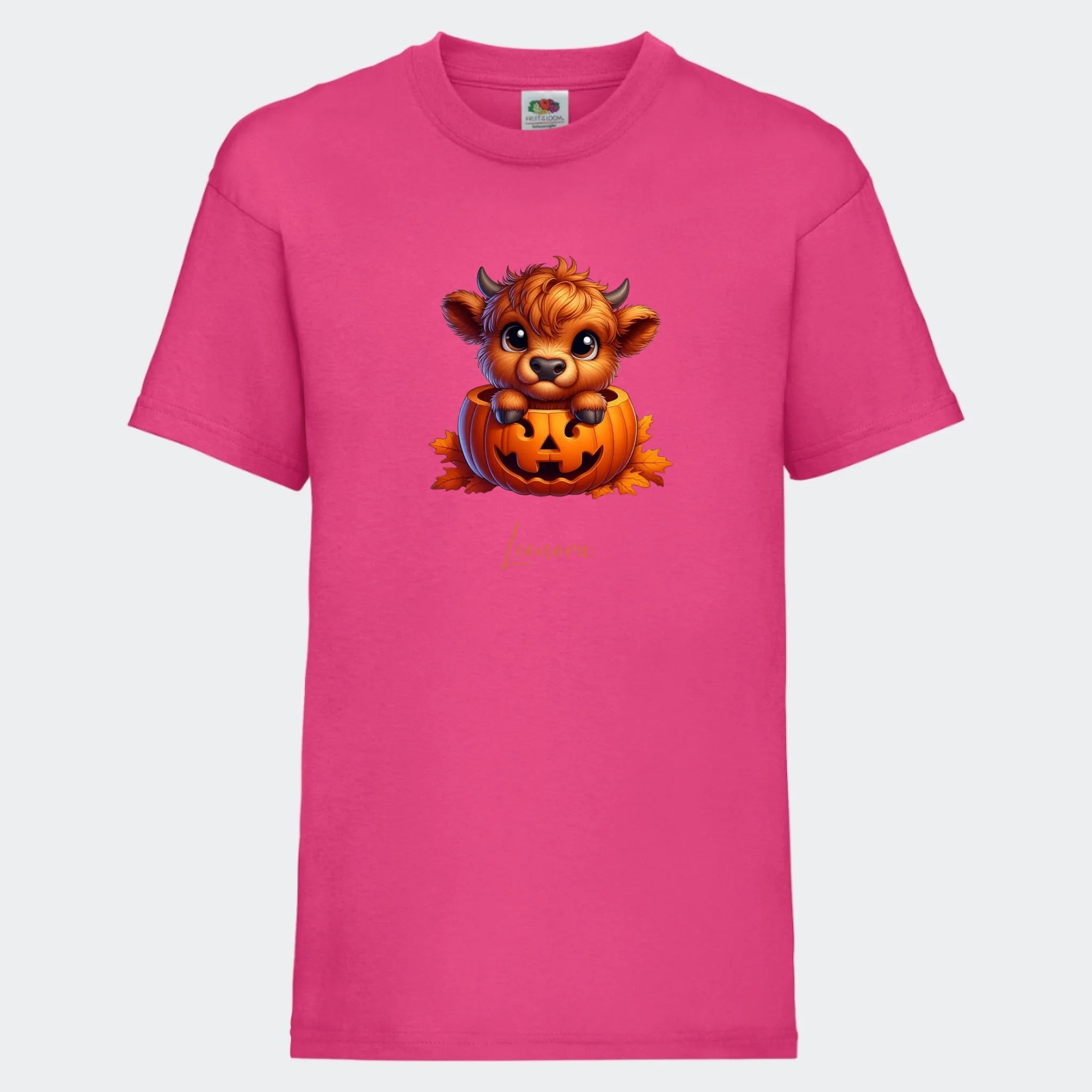 T-shirt til børn – Sød efterårs bøffel Halloween, T-shirt tryk foran Fuchsia 3-4 år