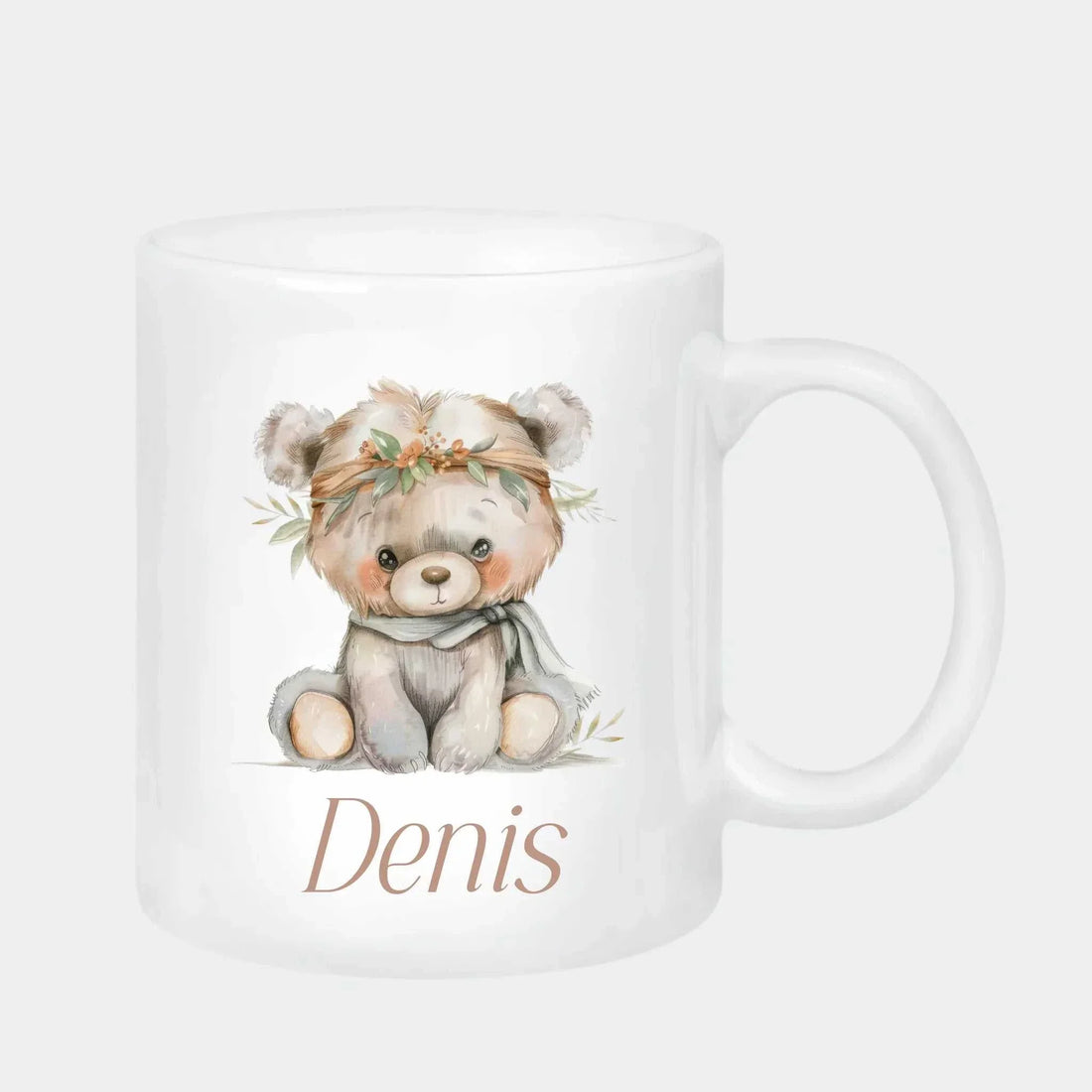 White ceramic retro design kop mug with cute woodland bear illustration and name Denis