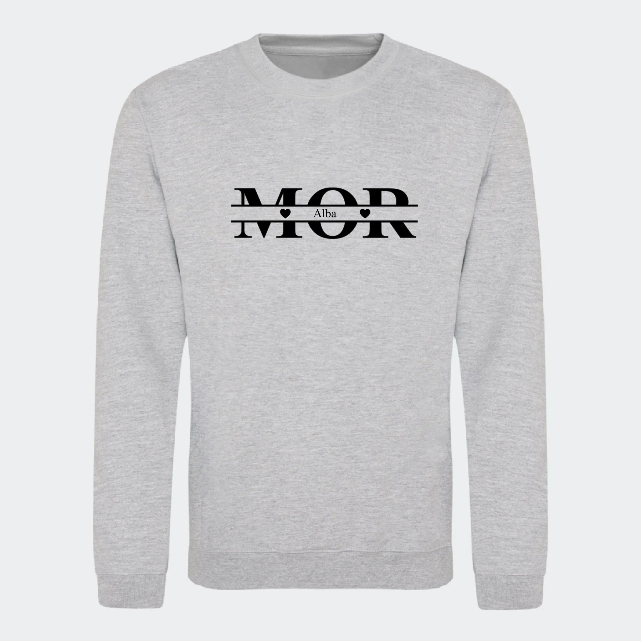 Sweatshirt til voksne – Mor med hjerter og navne, meleret grå, set forfra