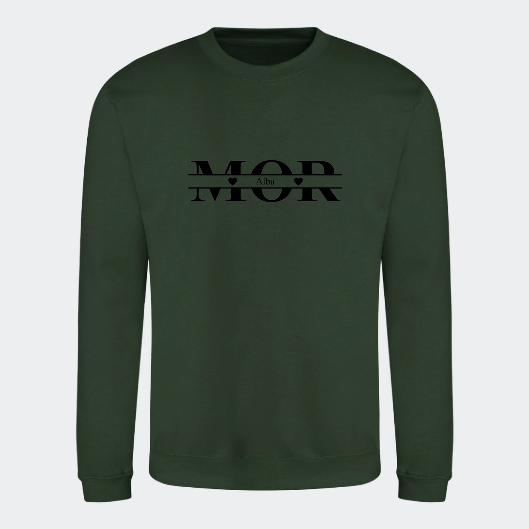 Sweatshirt til voksne – Mor med hjerter og navne, skovgrøn, set forfra