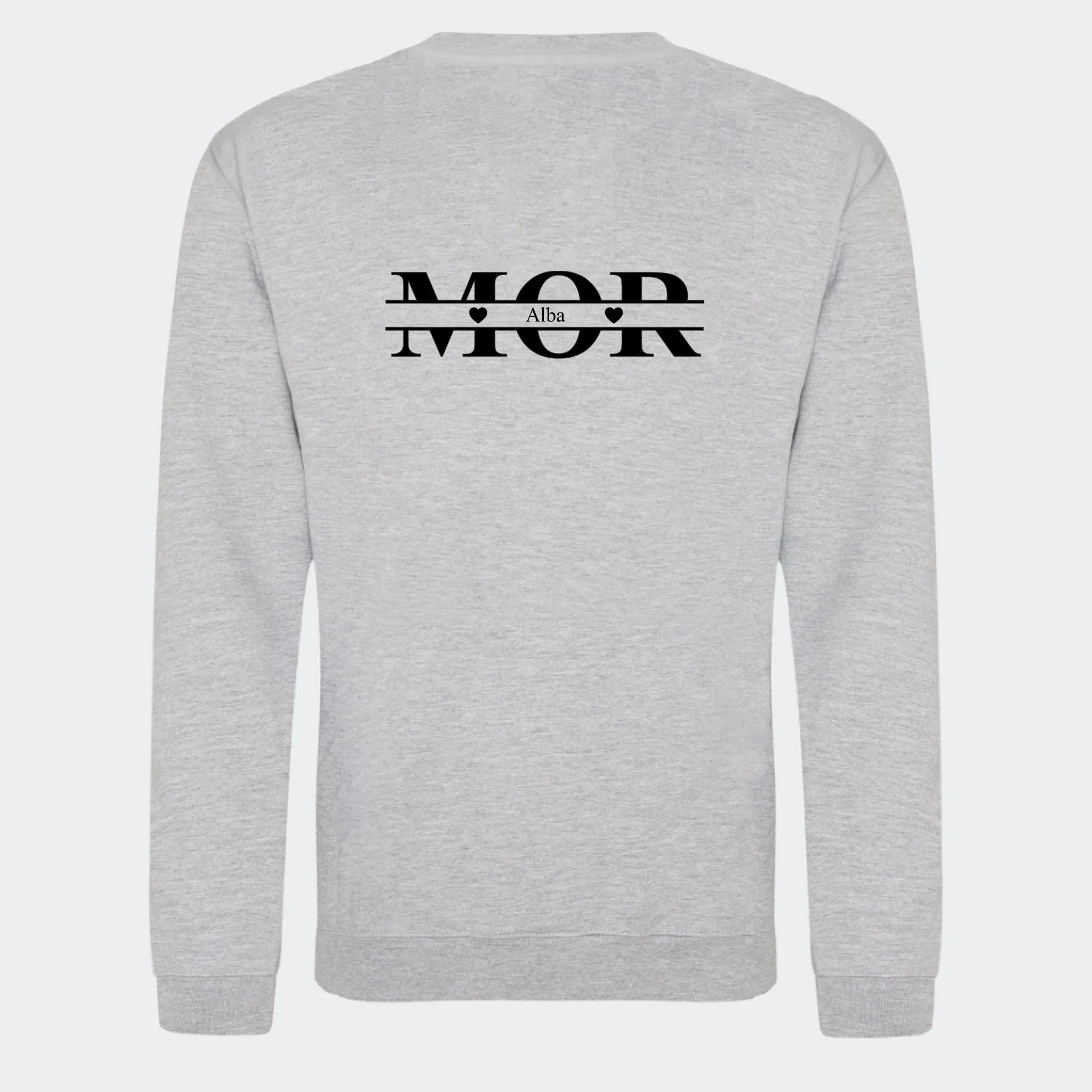 Sweatshirt til voksne – Mor med hjerter og navne, meleret grå, set bagfra