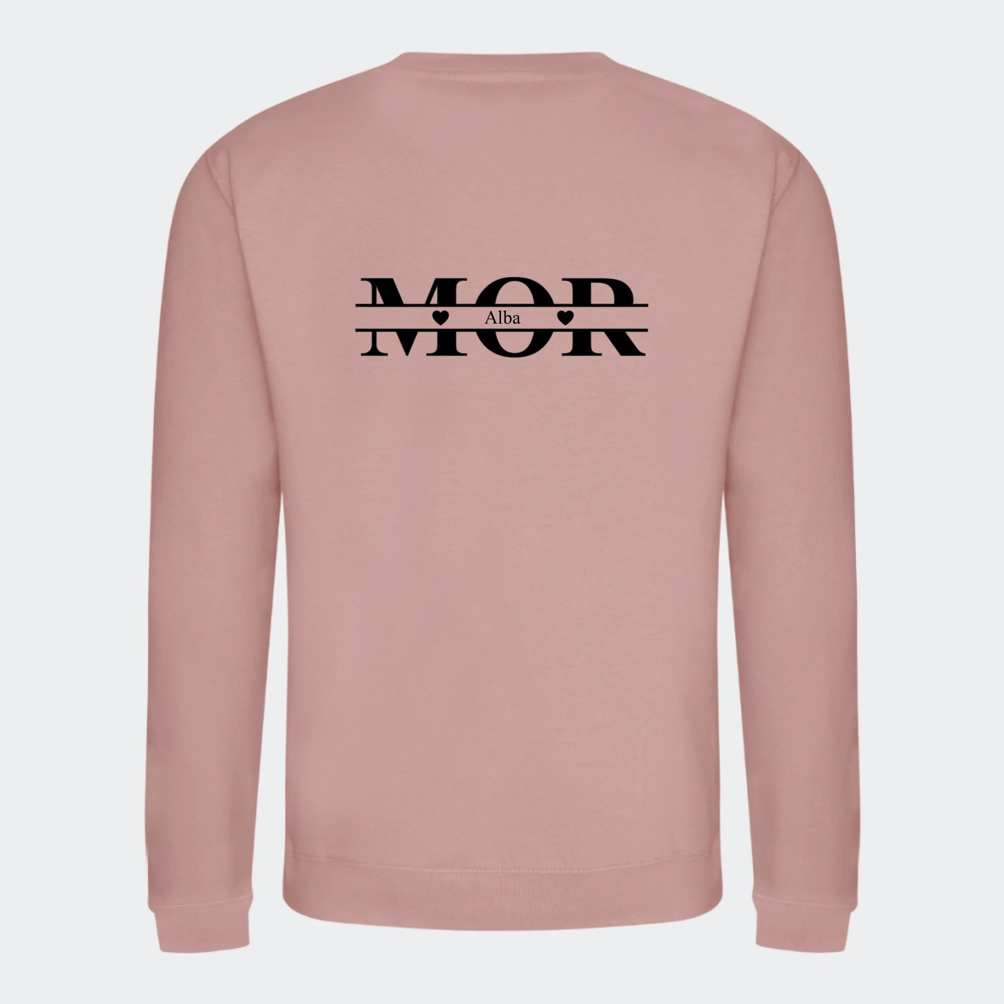 Sweatshirt til voksne – Mor med hjerter og navne, støvet rosa, set bagfra