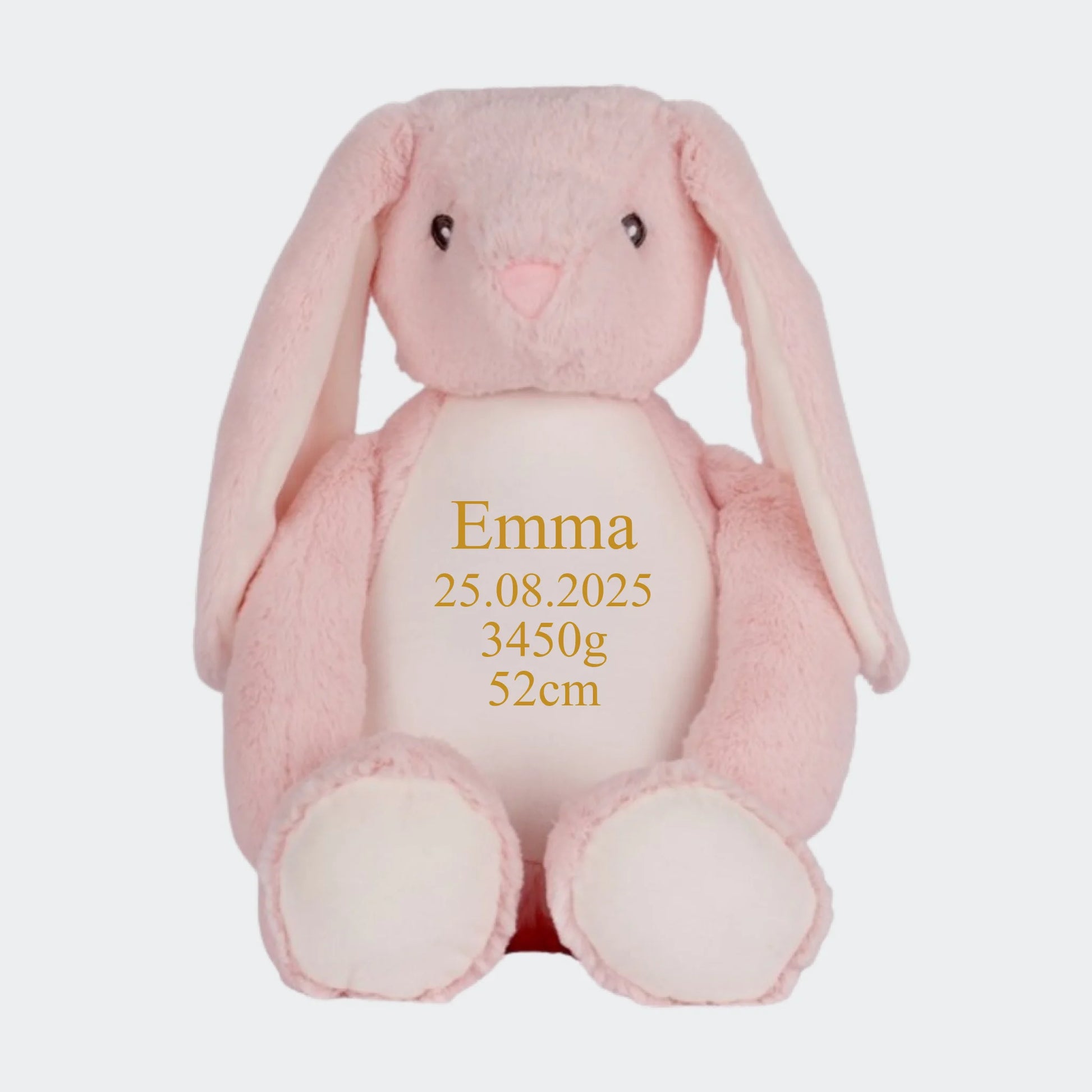 Lyserød kanin bamse med broderet navn Customizer TeeInBlue Navn+Dato+Længde+Vægt 544 42cm