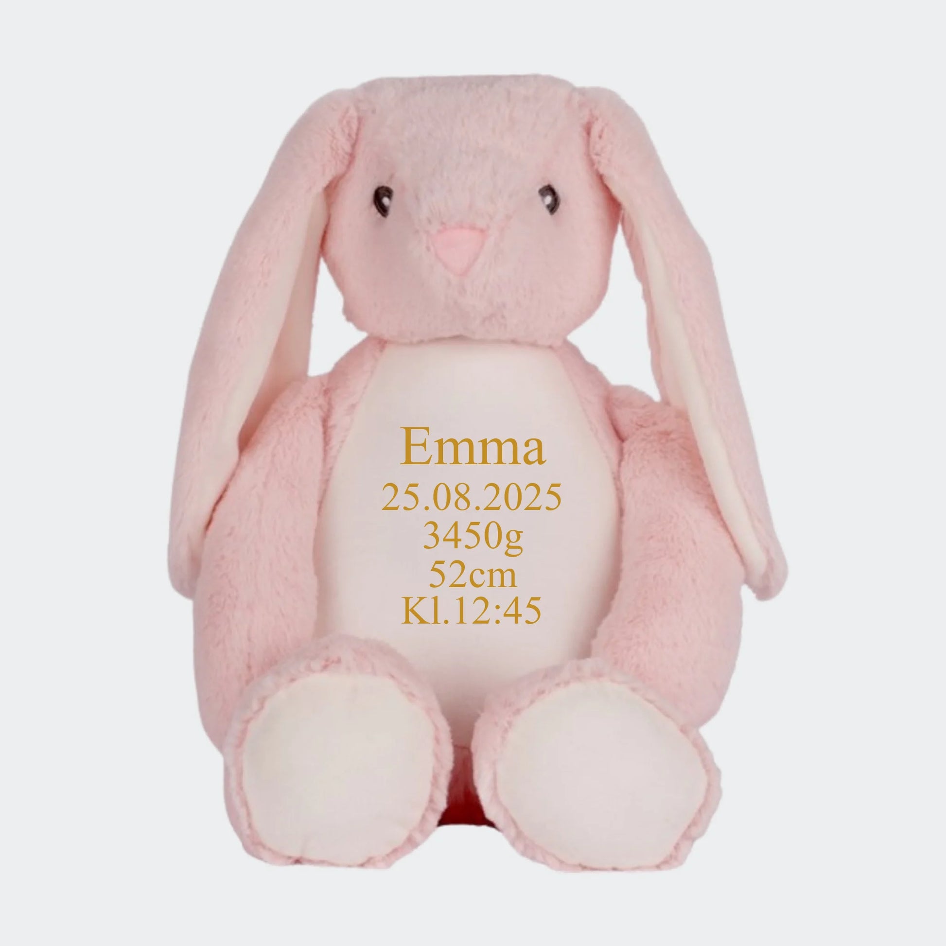 Lyserød kanin bamse med broderet navn Customizer TeeInBlue Navn+Dato+Længde+Vægt+Klokkeslet 544 42cm
