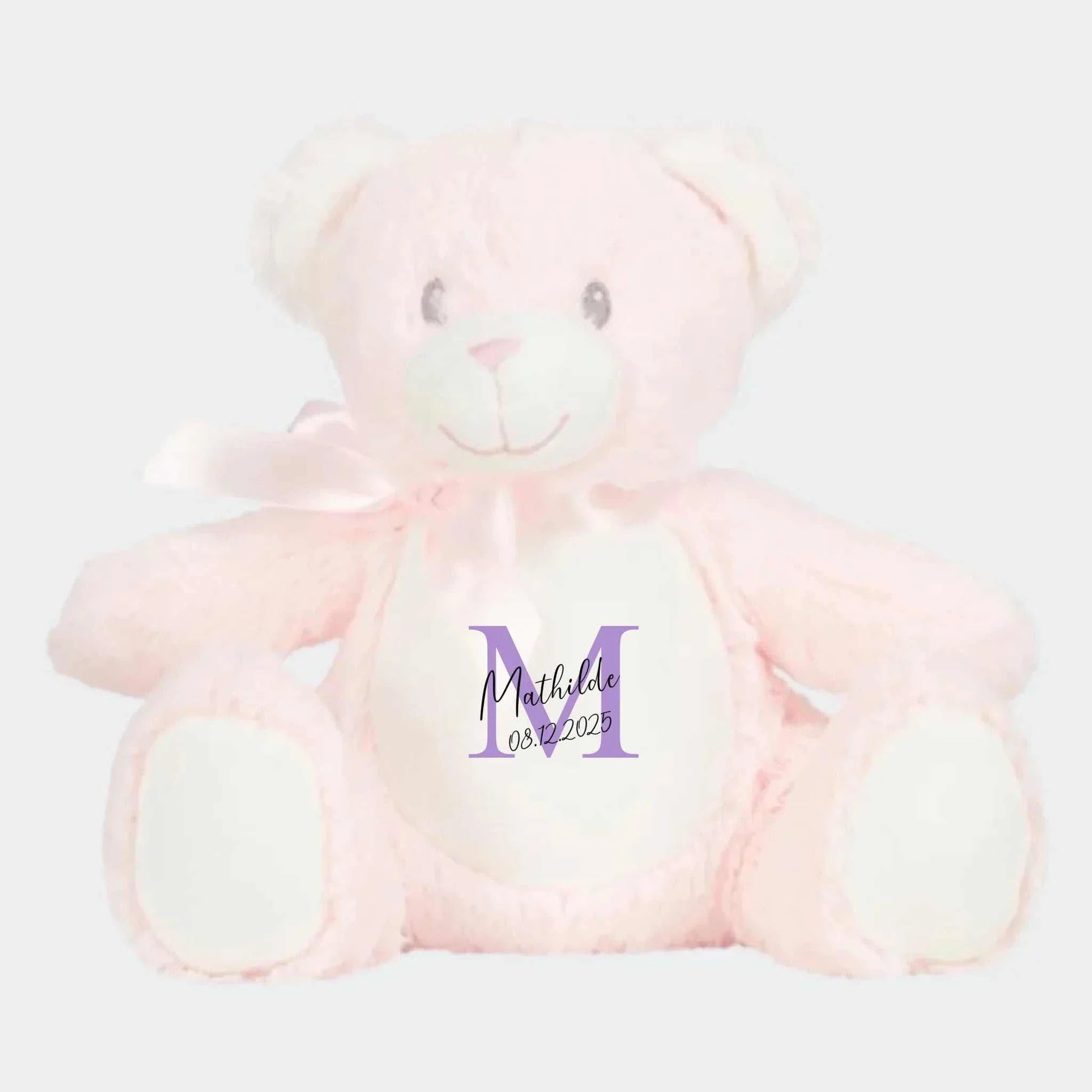 Lille lyserød personlig navne bamse med trykt navn og begyndelsesbogstav velegnet til babyer og små børn