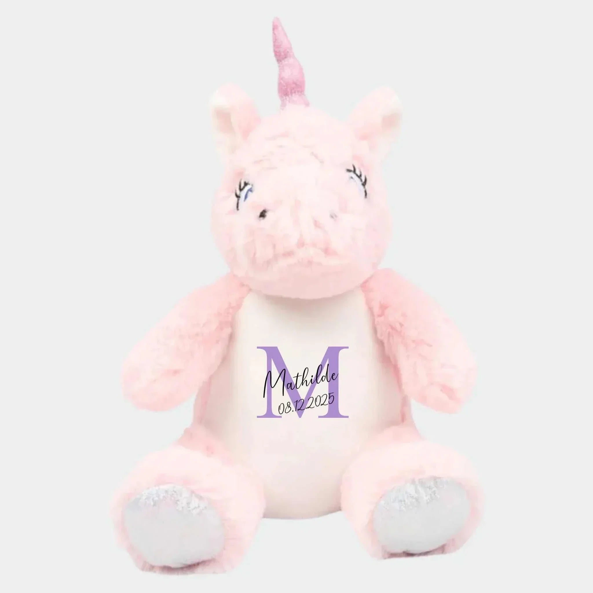 Lille enhjørning navne bamse i blød lyserød med personlig navn og datotryk, ca. 26 cm, CE-certificeret bamse til børn fra 0 år