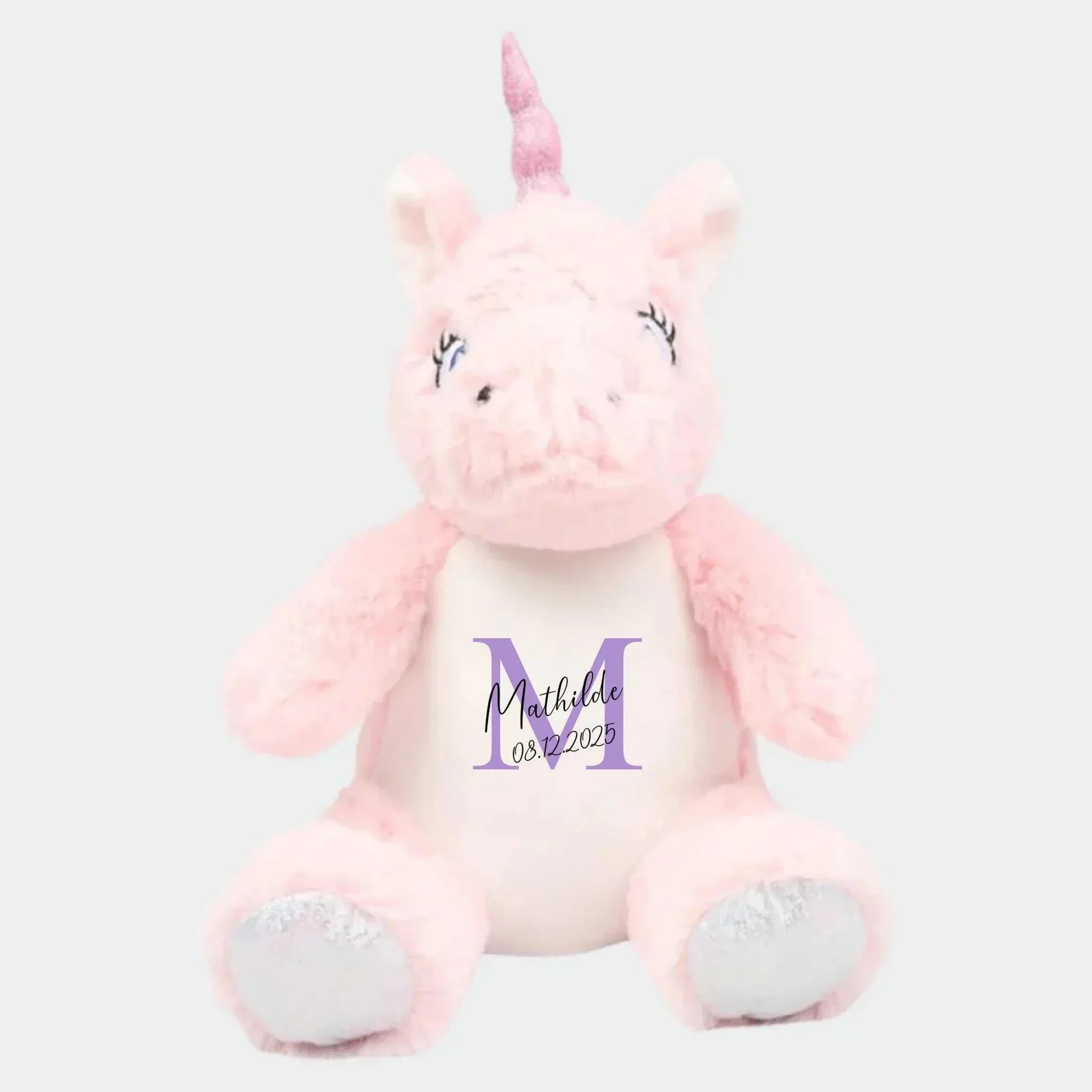 Lille enhjørning navne bamse i blød lyserød med personlig navn og datotryk, ca. 26 cm, CE-certificeret bamse til børn fra 0 år