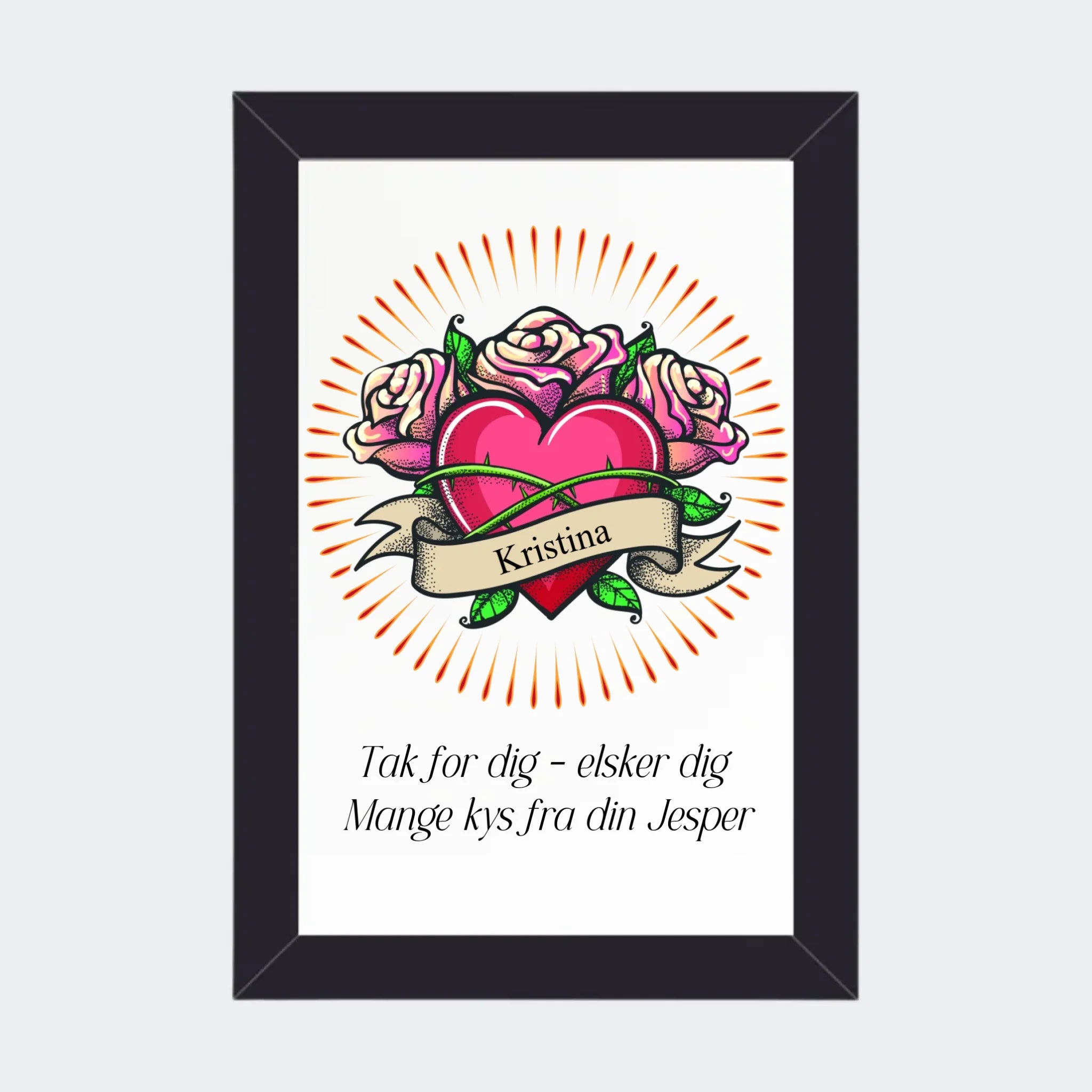 Plakat – hjerte med navn og tekst, 10 × 15 med sort ramme