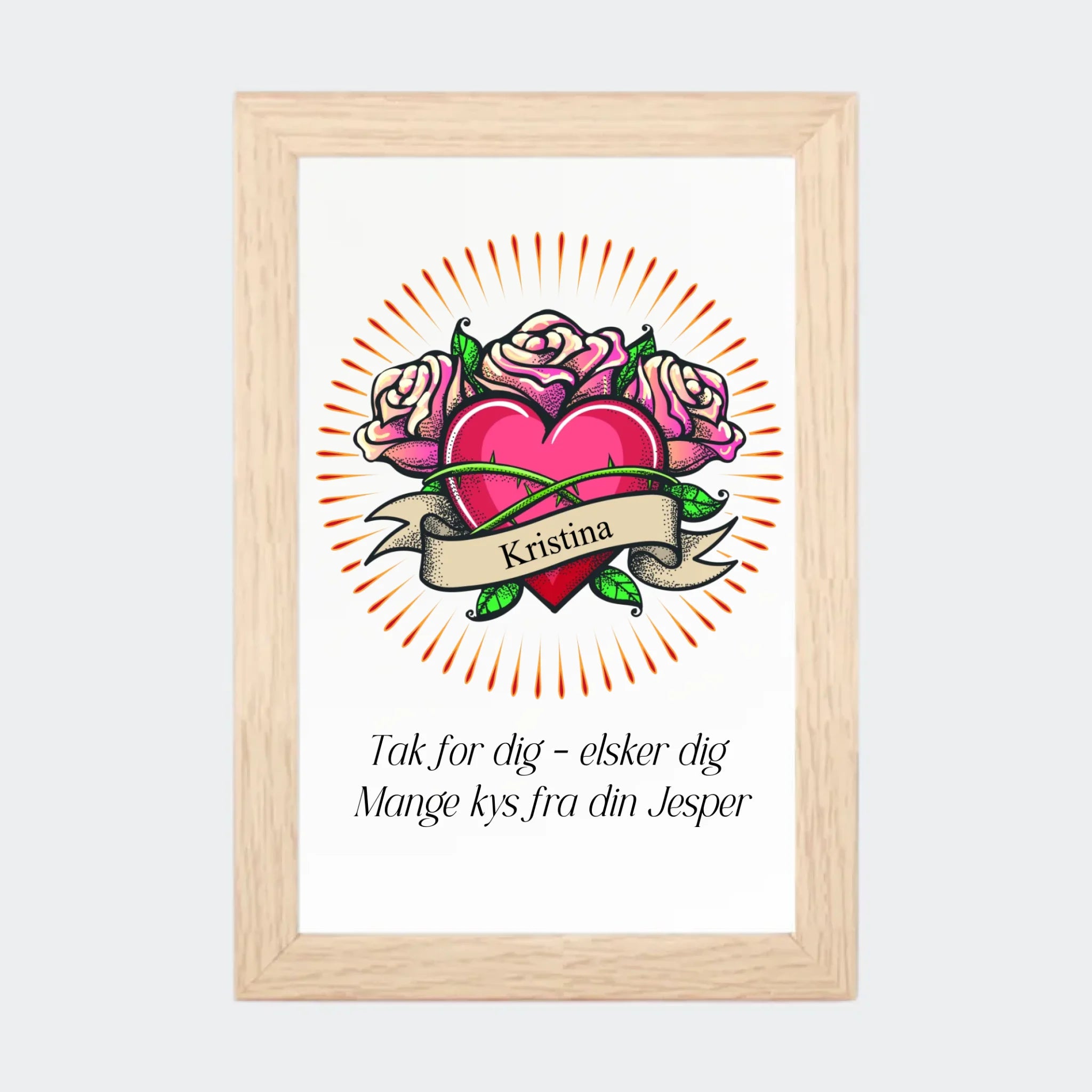Plakat – hjerte med navn og tekst, 10 × 15 med naturfarvet ramme