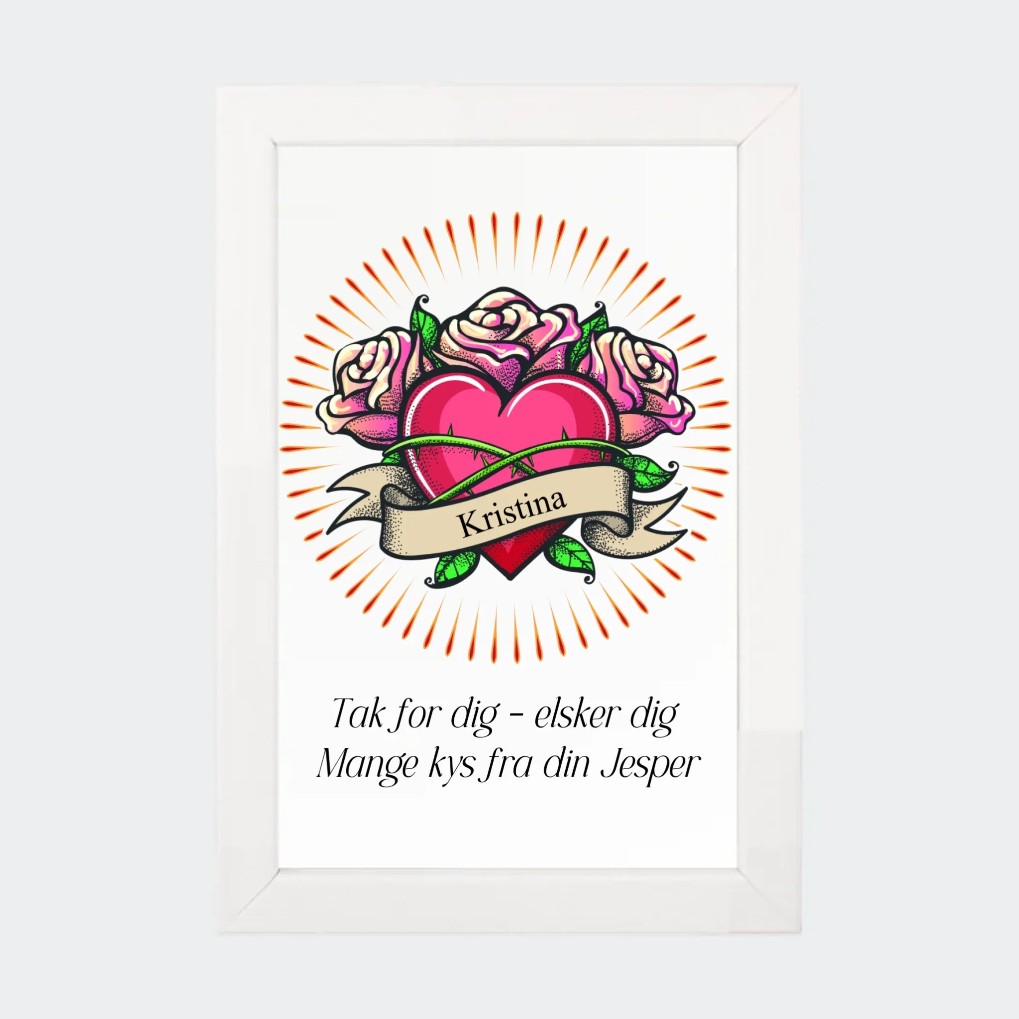 Plakat – hjerte med navn og tekst, 10 × 15 med hvid ramme