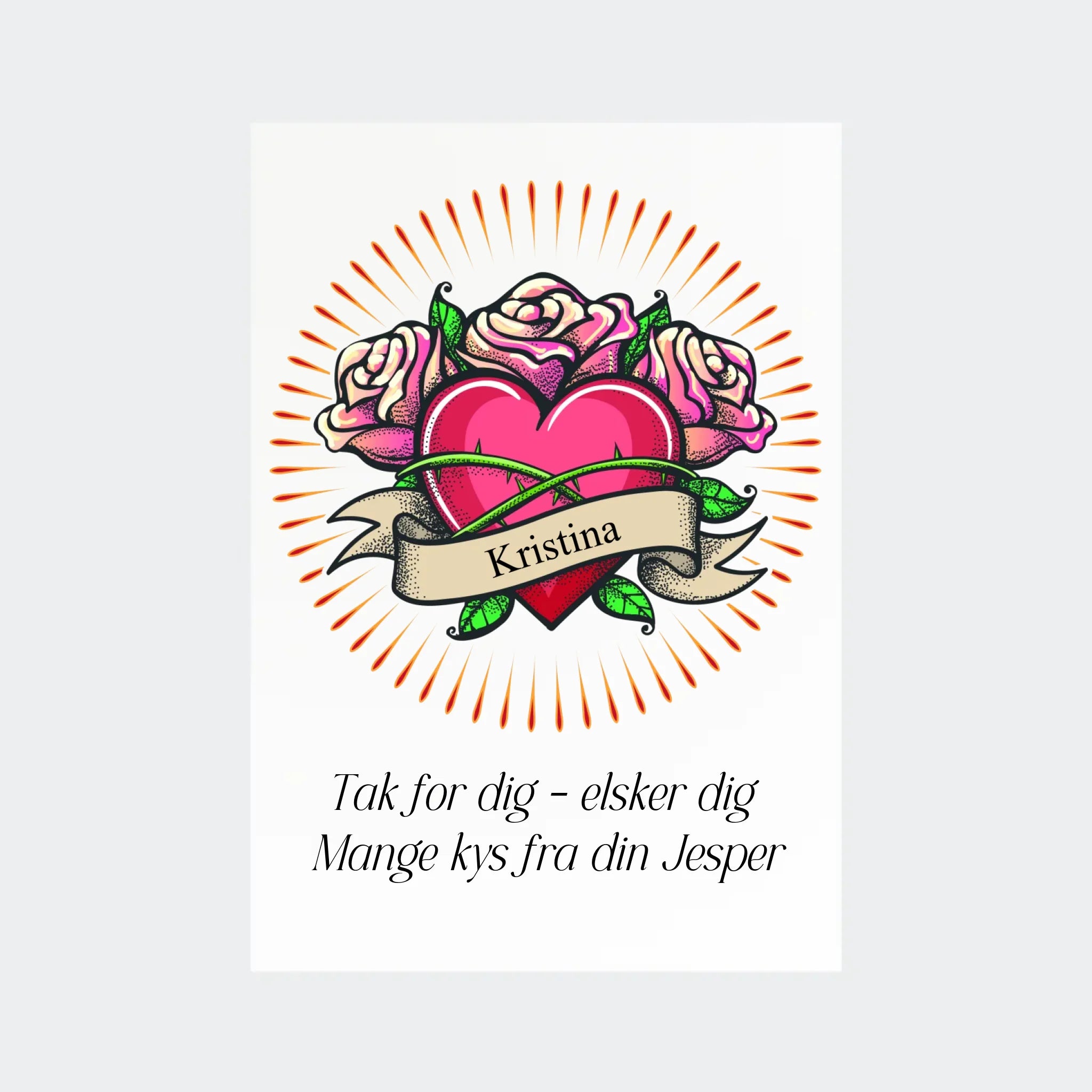 Plakat – hjerte med navn og tekst, A4 uden ramme