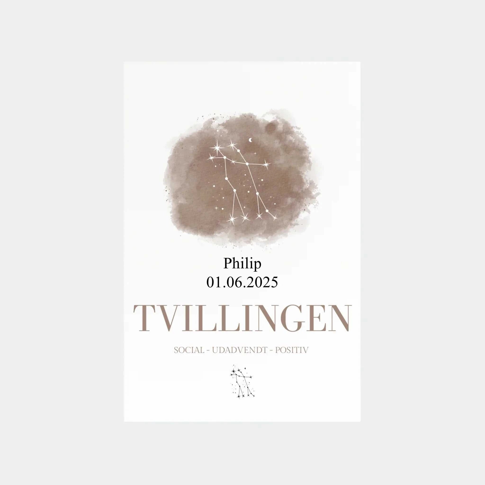 Stjernetegnsplakat Tvillingen med stjernebillede, navn og fødselsdato i elegant design