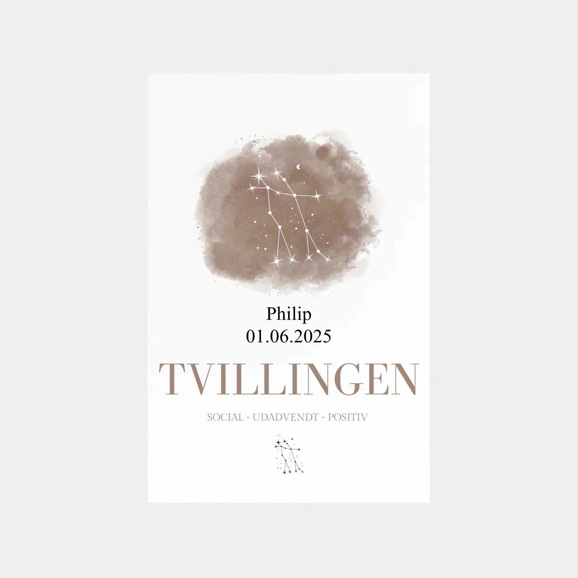 Stjernetegnsplakat Tvillingen med stjernebillede, navn og fødselsdato i elegant design