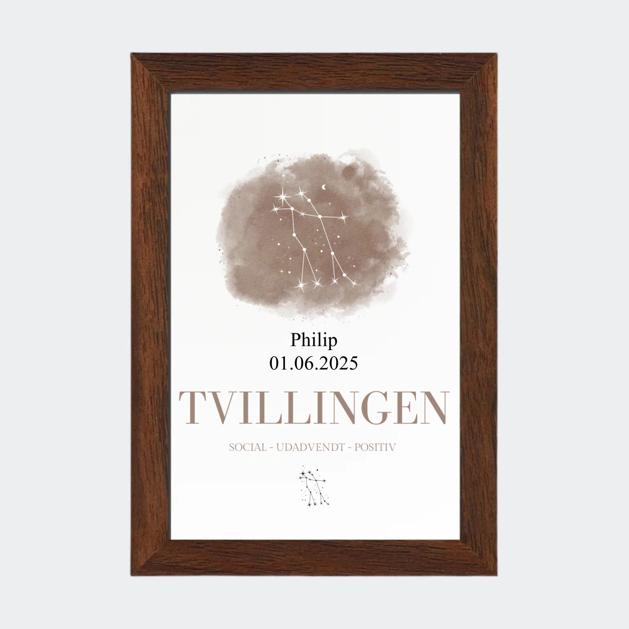 Stjernetegnsplakat – Tvillingen, 10 × 15 med ramme i mørk eg