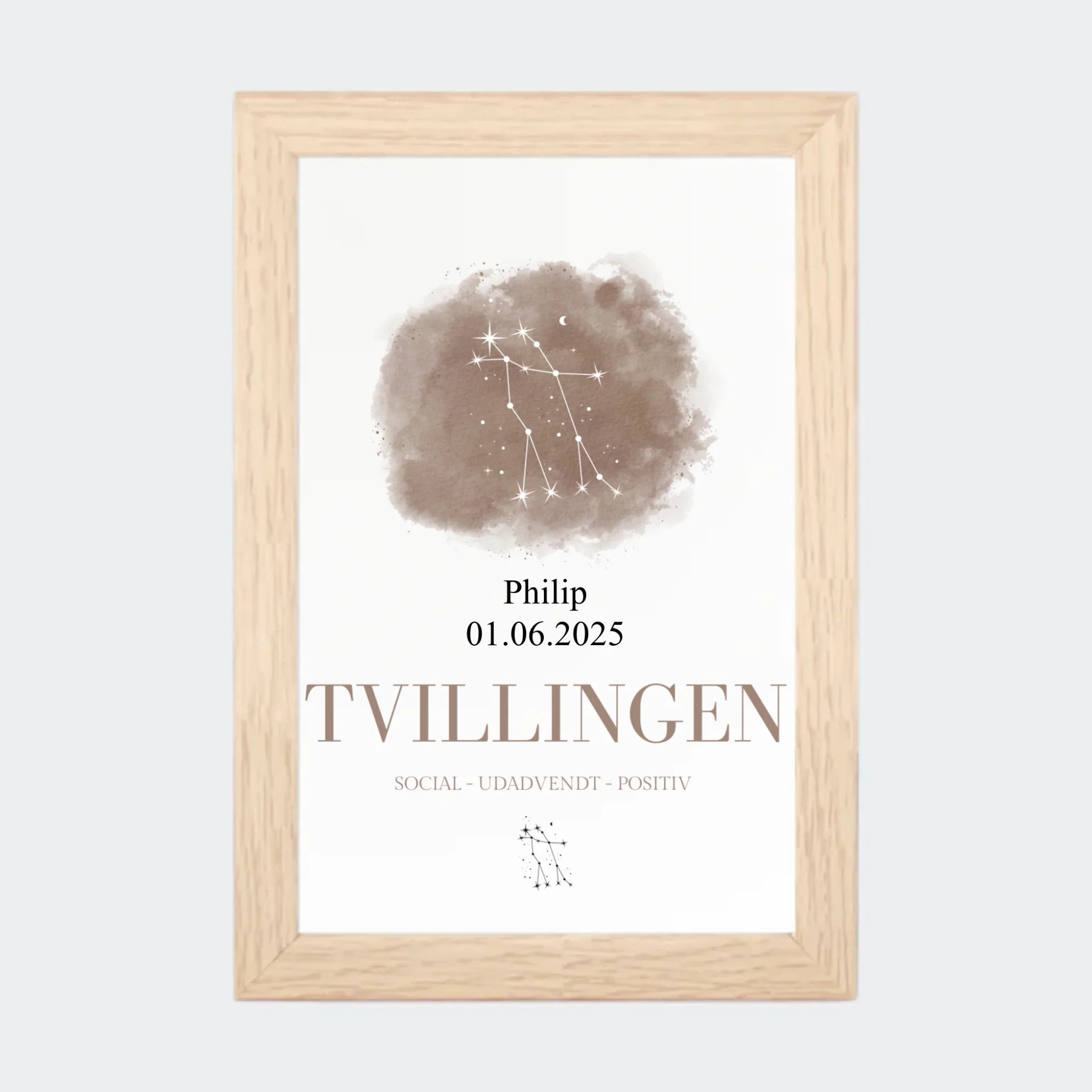 Stjernetegnsplakat – Tvillingen, 10 × 15 med naturfarvet ramme