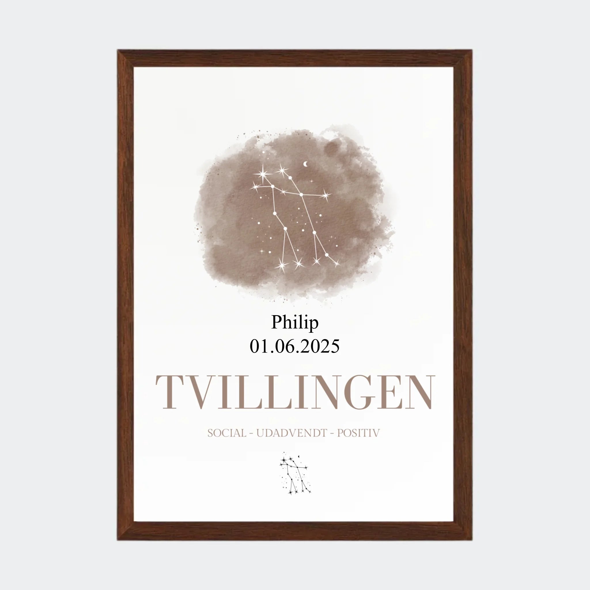 Stjernetegnsplakat – Tvillingen, A4 med ramme i mørk eg