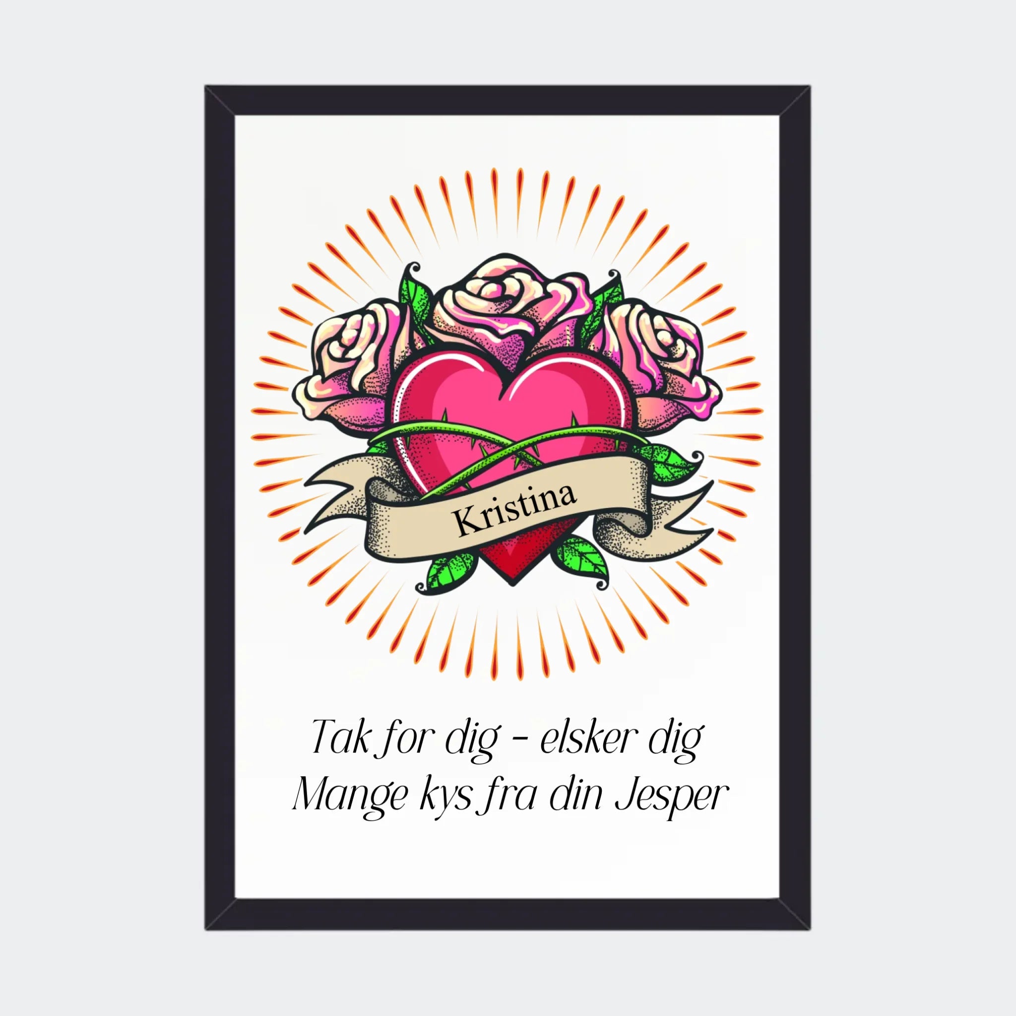 Plakat – hjerte med navn og tekst, A4 med sort ramme