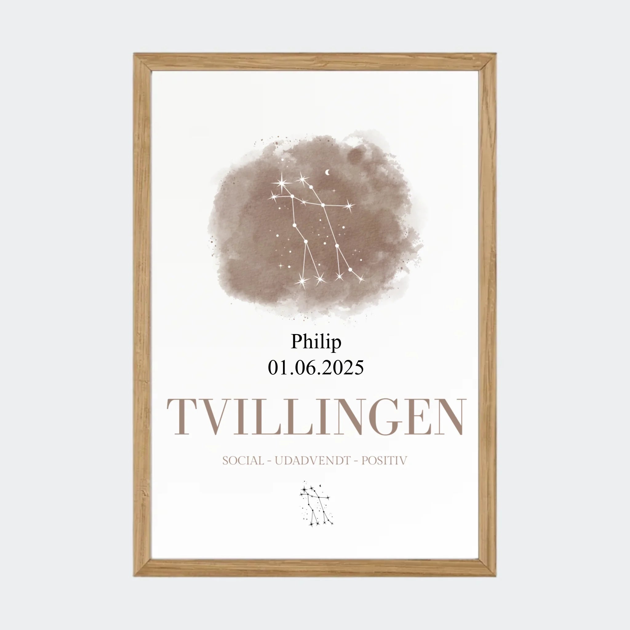 Stjernetegnsplakat – Tvillingen, A4 med ramme i massiv eg