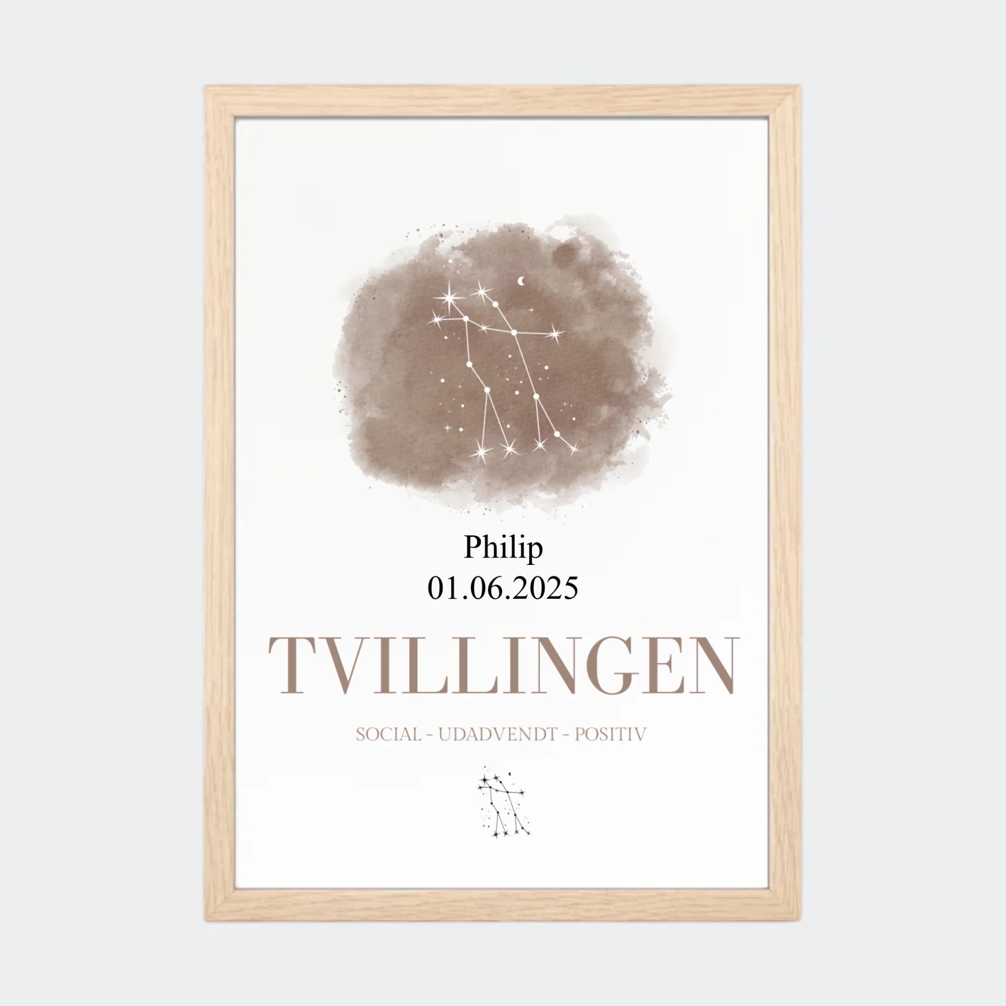 Stjernetegnsplakat – Tvillingen, A4 med naturfarvet ramme