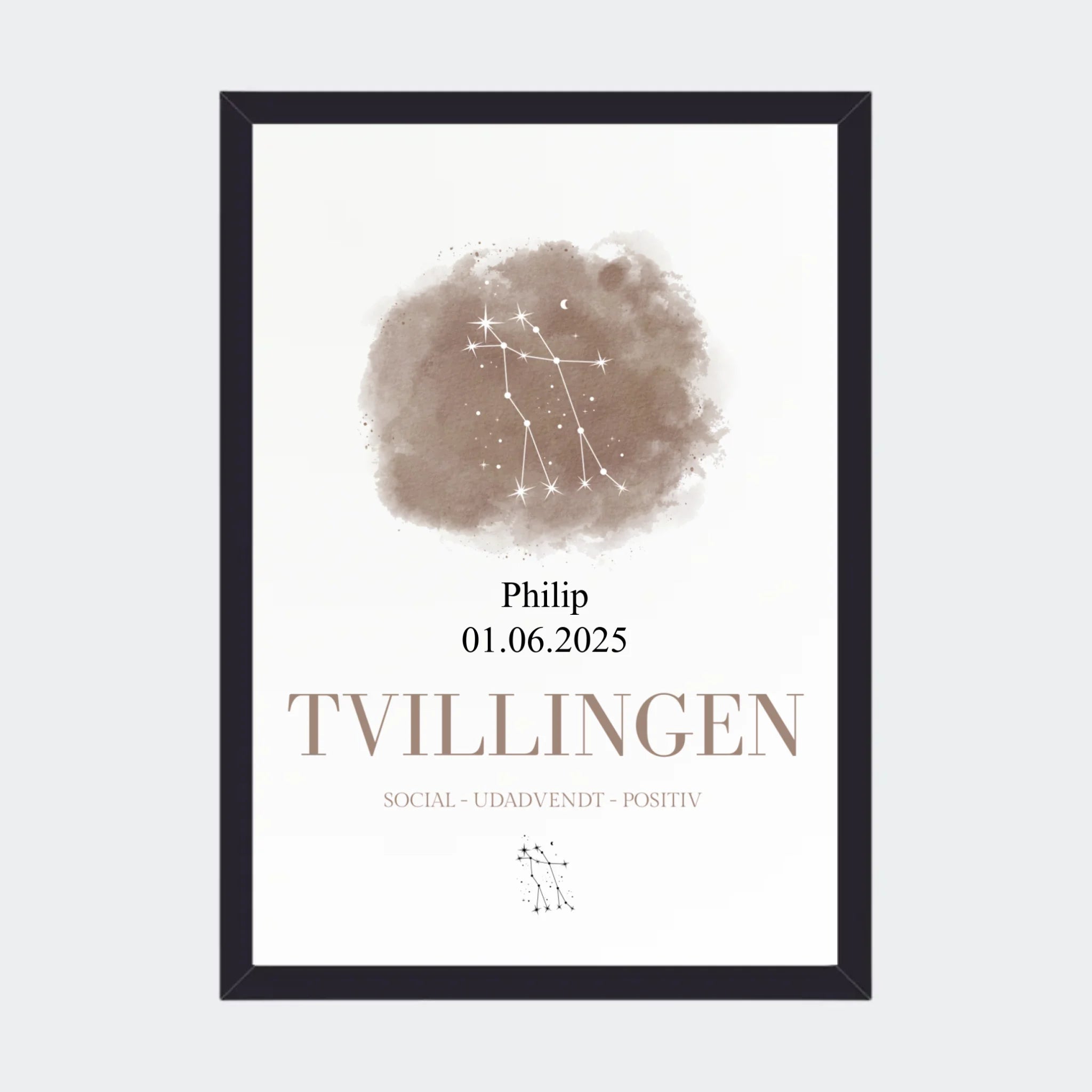Stjernetegnsplakat – Tvillingen, A4 med sort ramme